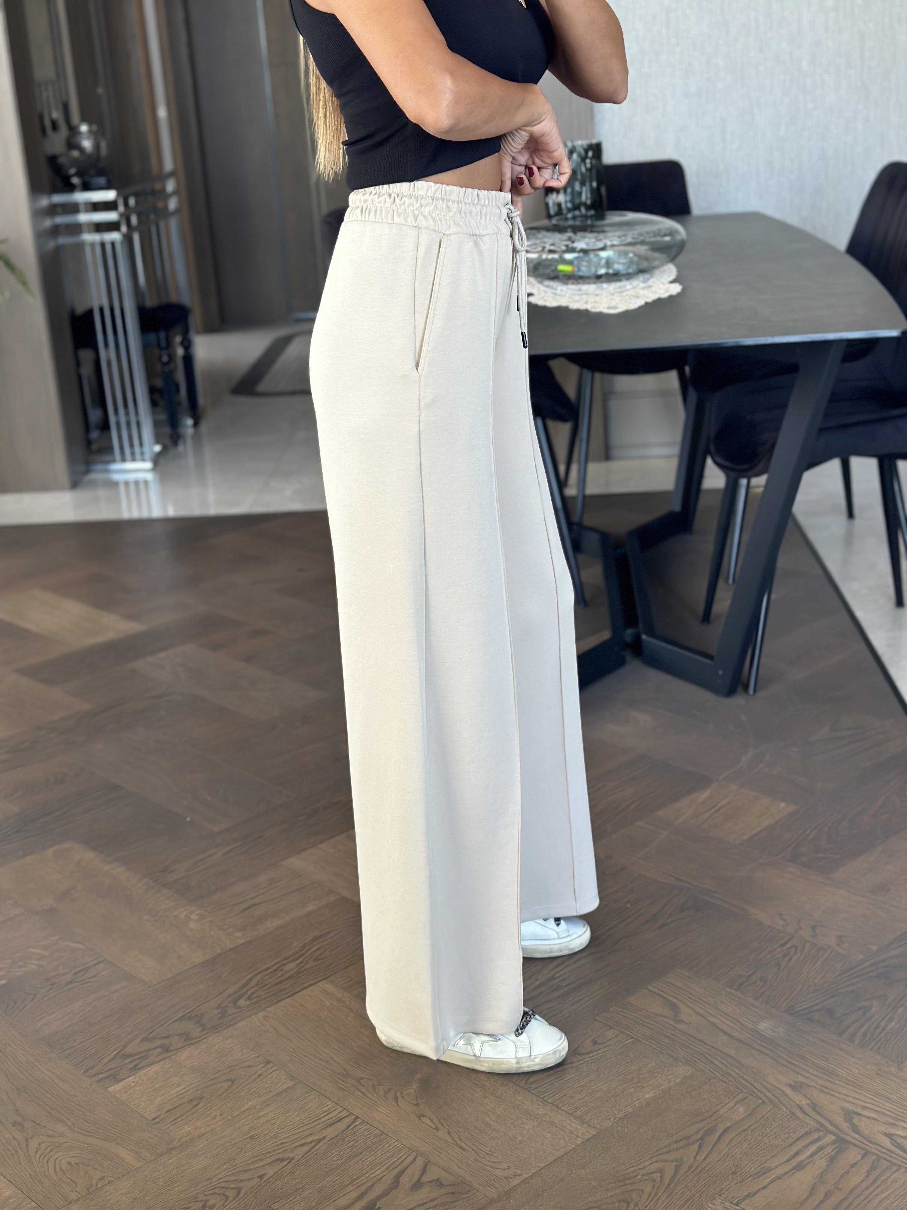 Taş Önü Dikiş Detay Modal Scuba Cepli Palazzo Kadın Pantolon