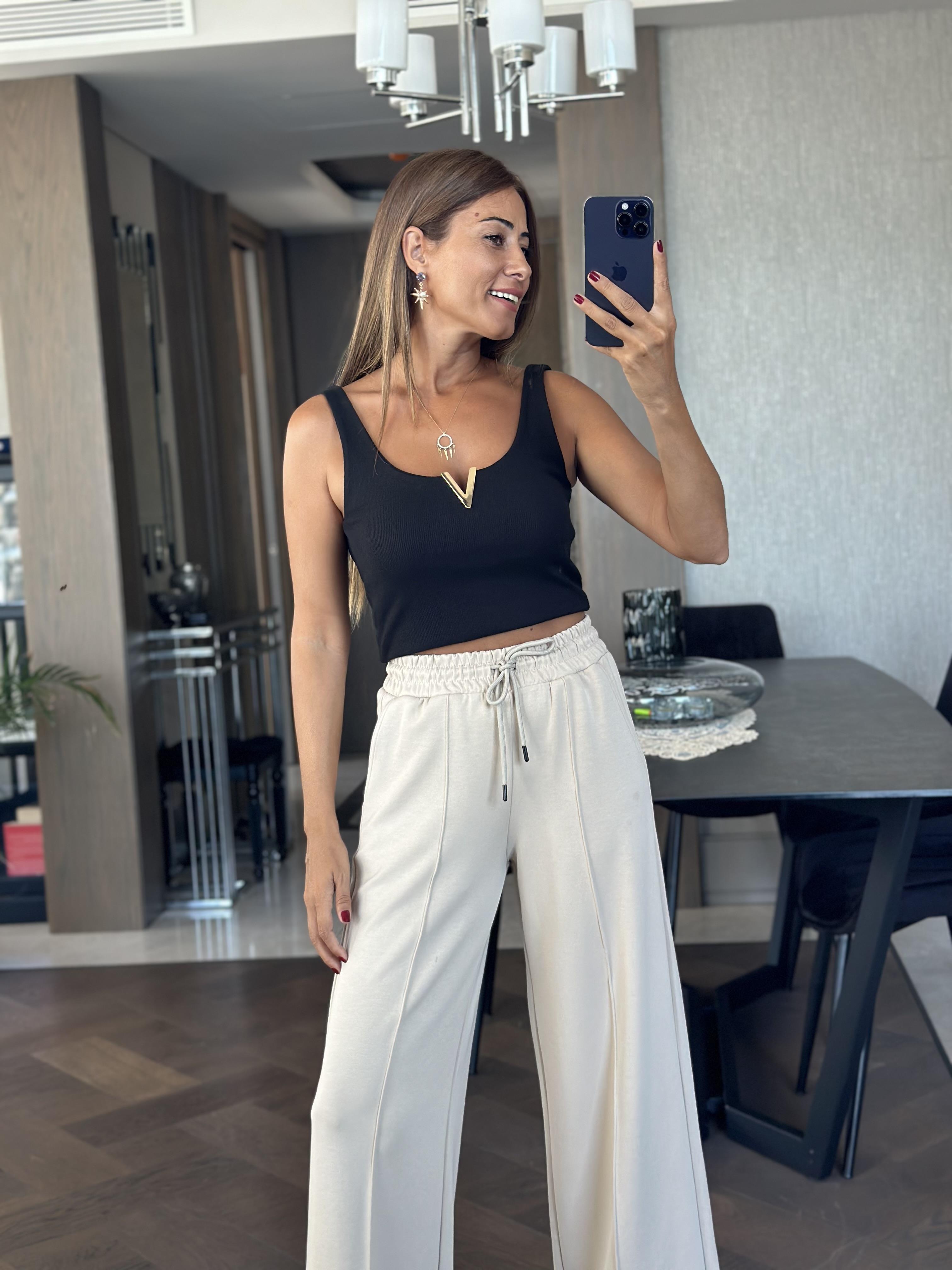 Taş Önü Dikiş Detay Modal Scuba Cepli Palazzo Kadın Pantolon