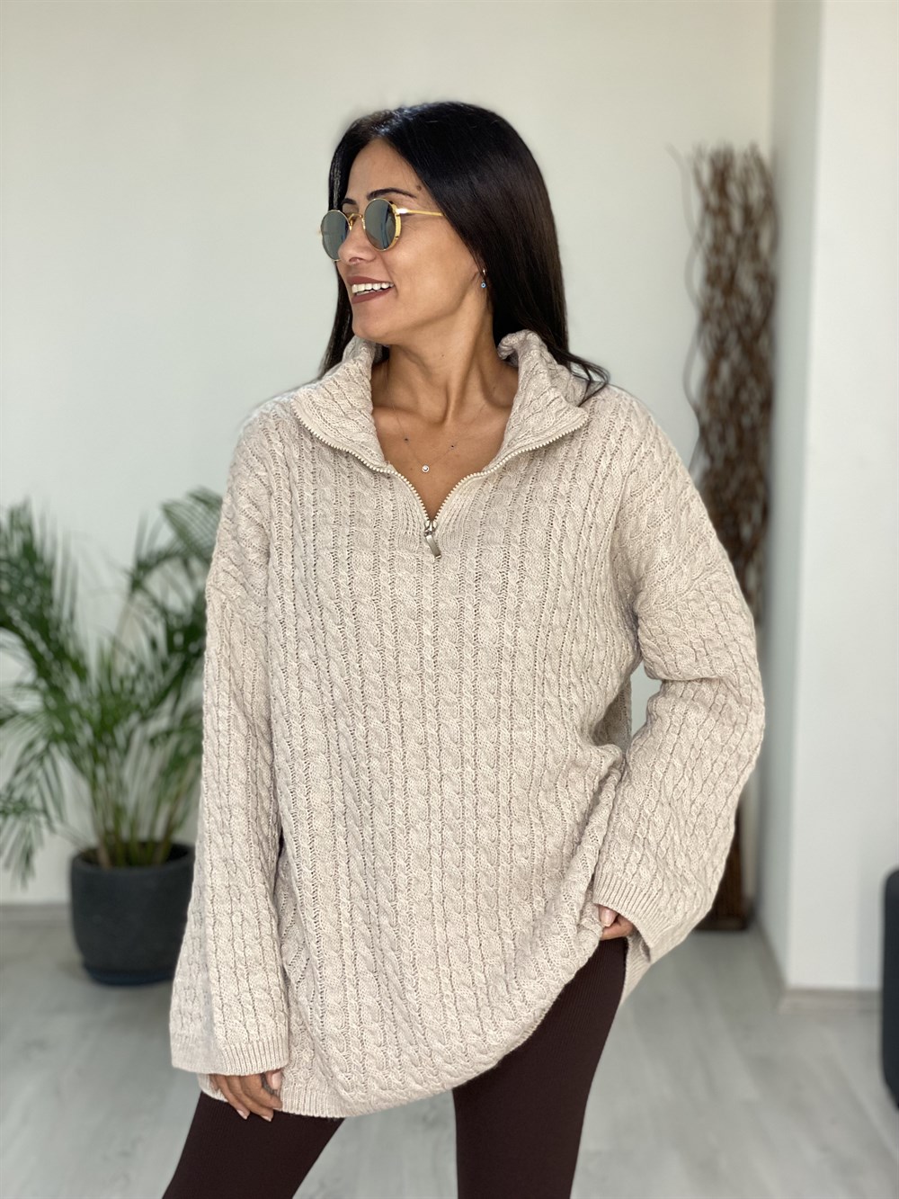 Taş Örgü Oversize Fermuarlı Triko Kadın Kazak