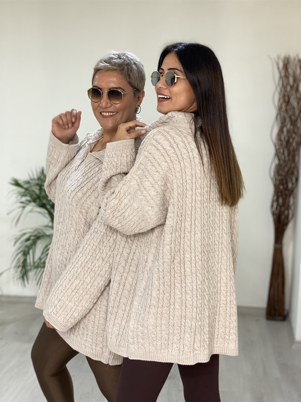 Taş Örgü Oversize Fermuarlı Triko Kadın Kazak