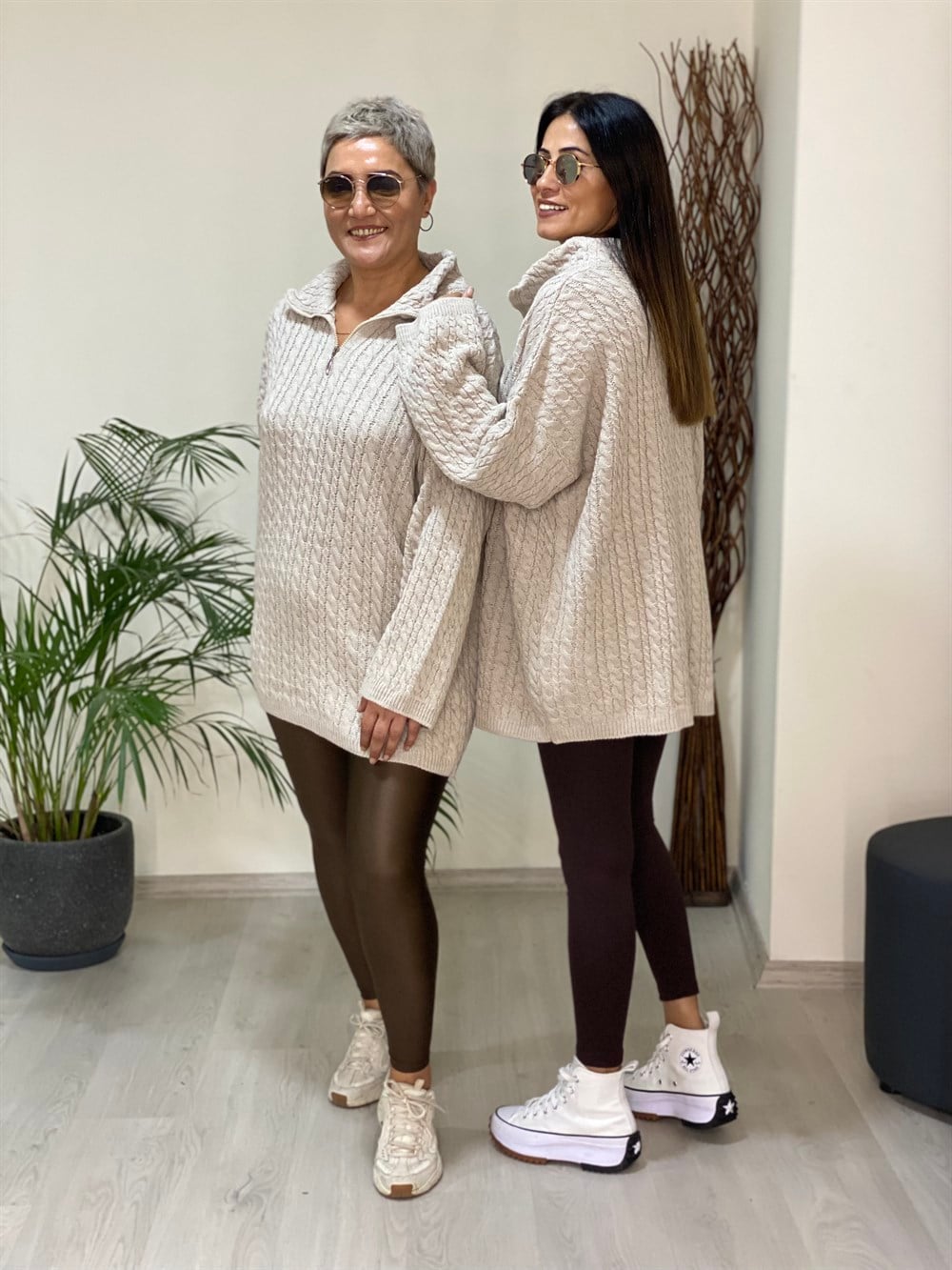 Taş Örgü Oversize Fermuarlı Triko Kadın Kazak