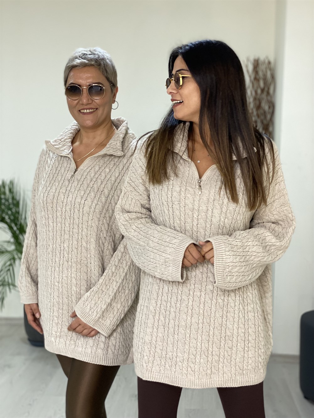 Taş Örgü Oversize Fermuarlı Triko Kadın Kazak