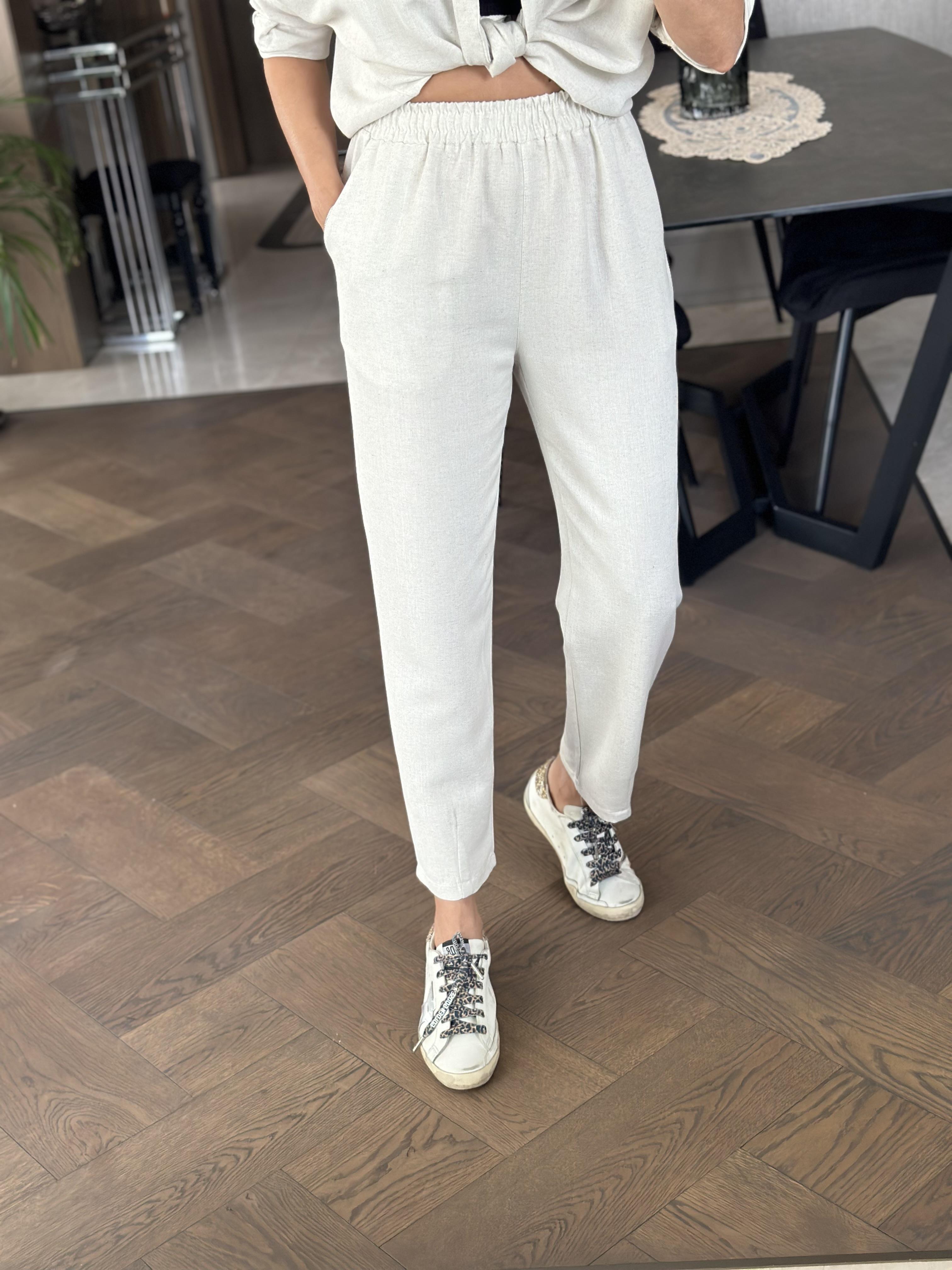 Taş Paçası Dikiş Detay Beli Lastikli Cepli Keten Kadın Pantolon