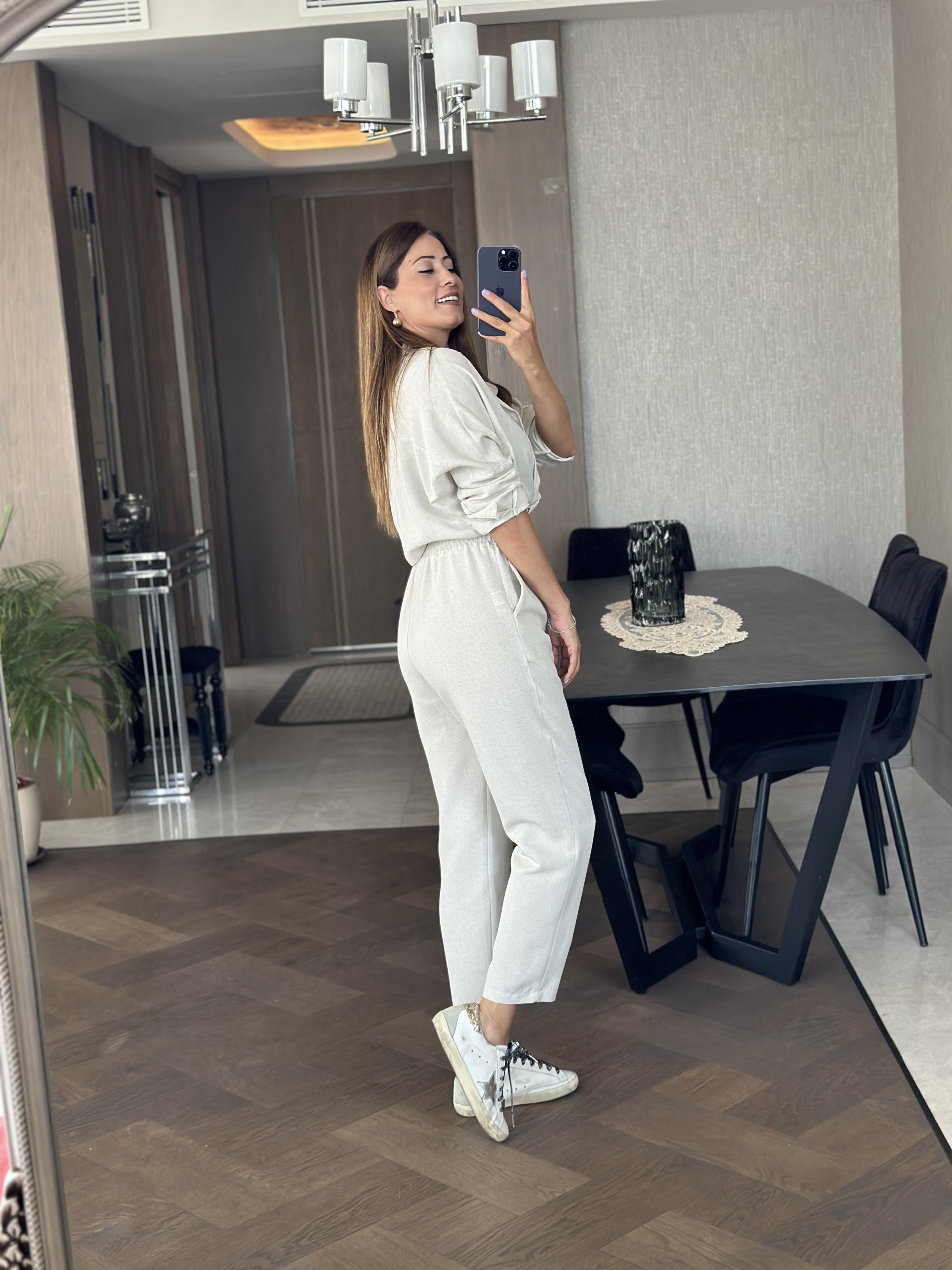 Taş Paçası Dikiş Detay Beli Lastikli Cepli Keten Kadın Pantolon