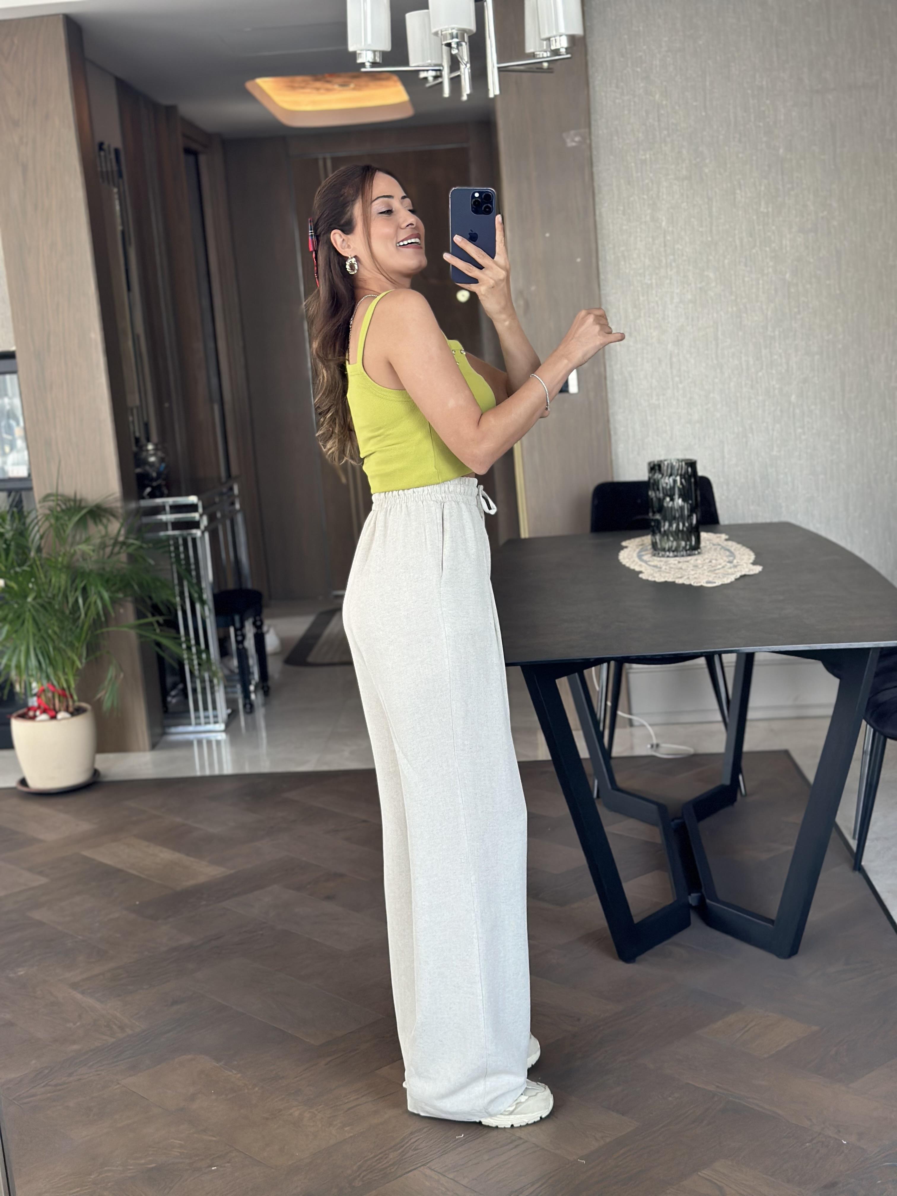 Taş Pensli Beli Bağcıklı Ve Lastikli Keten Kadın Bol Paça Pantolon