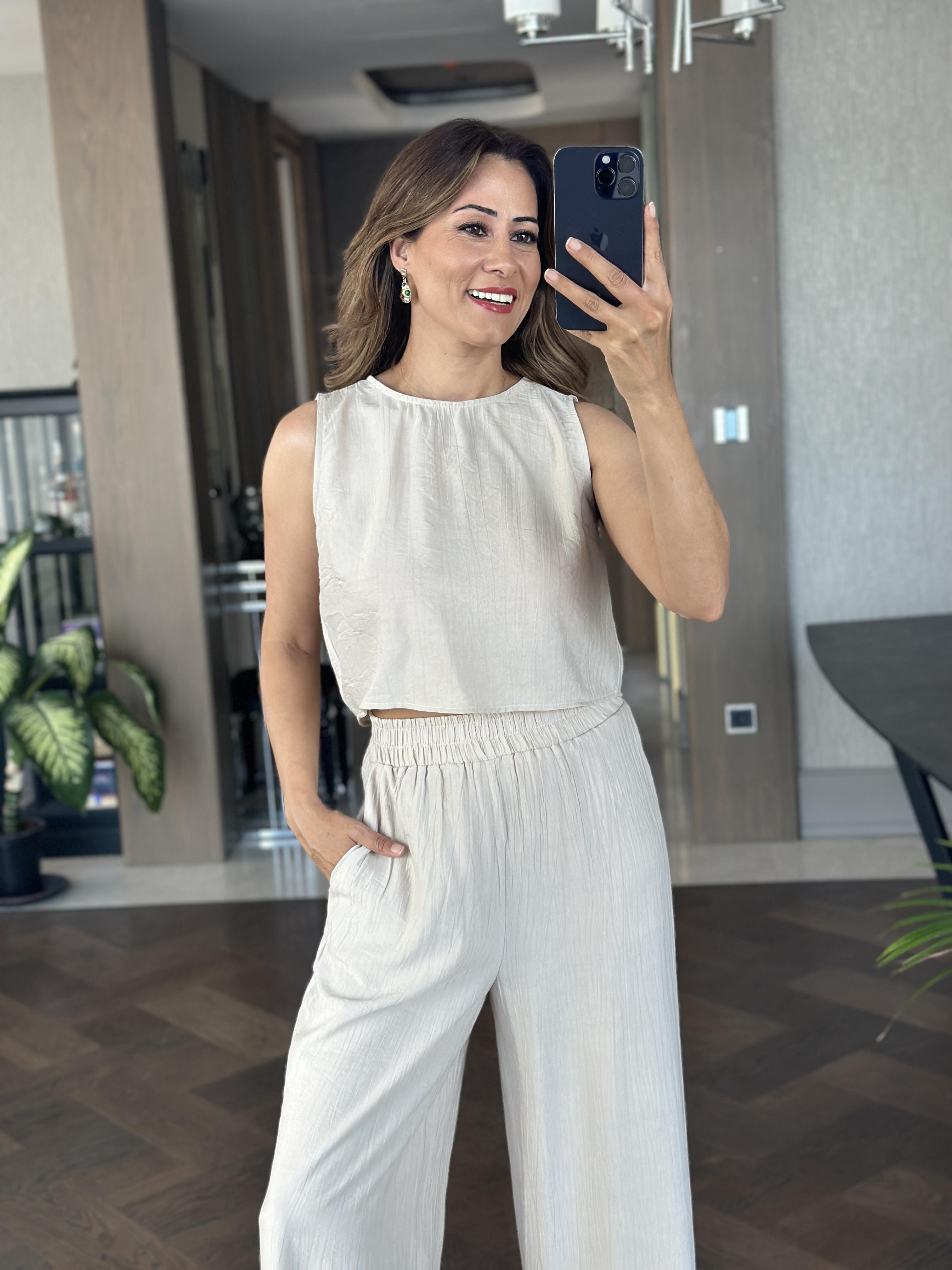 Taş Sıfır Kol Arkası Bağcıklı Bluz Pantolon Kadın İkili Takım