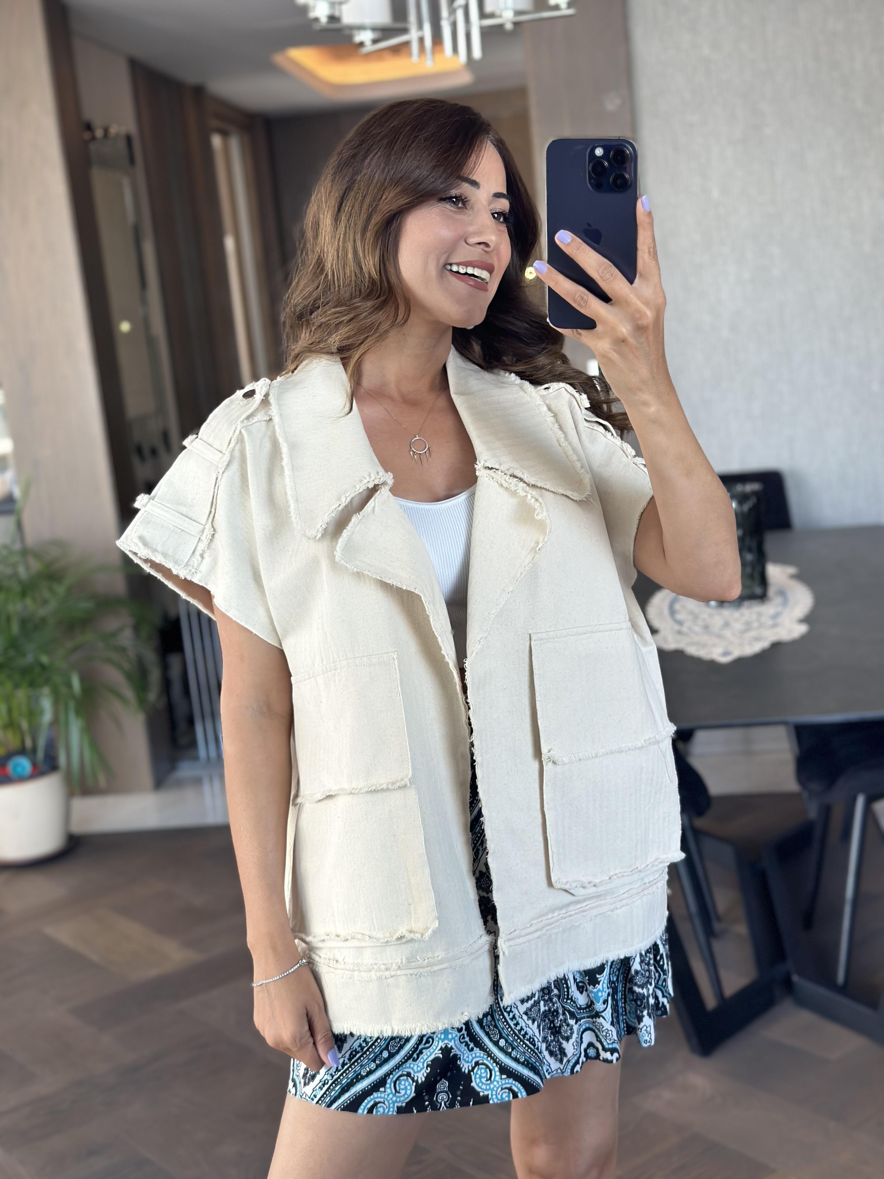 Taş Sıfır Kol Oversize Cepli Gabardin Kadın Yelek