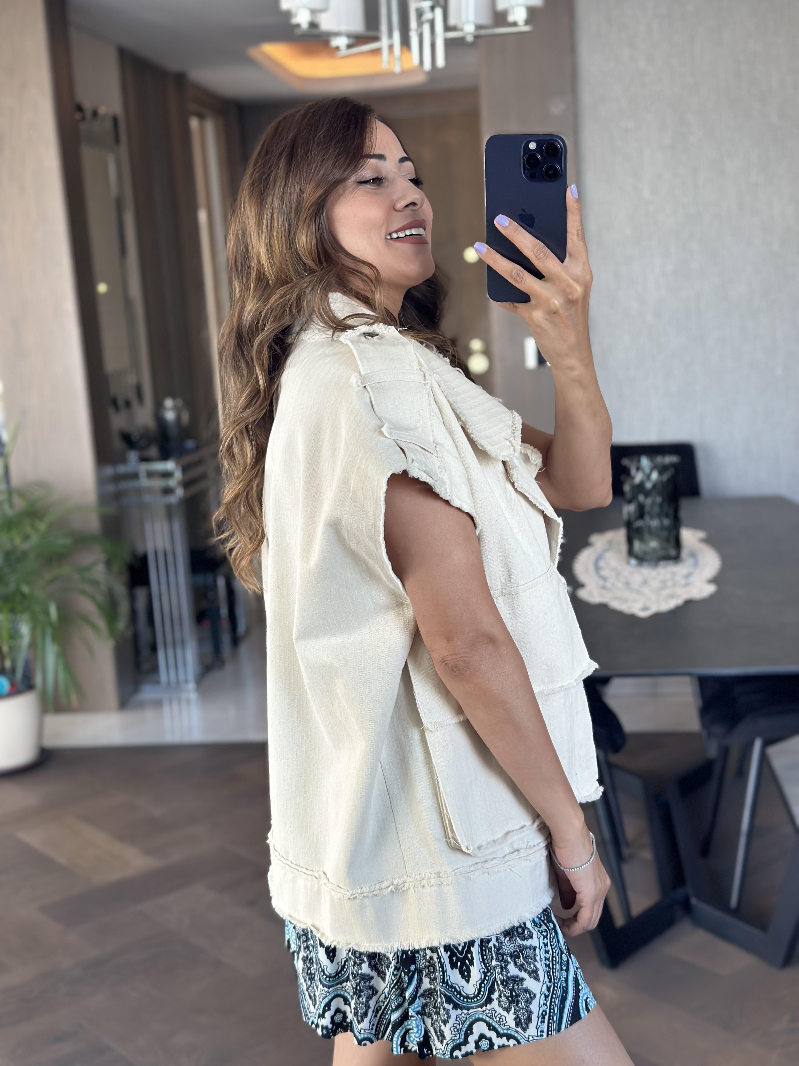 Taş Sıfır Kol Oversize Cepli Gabardin Kadın Yelek