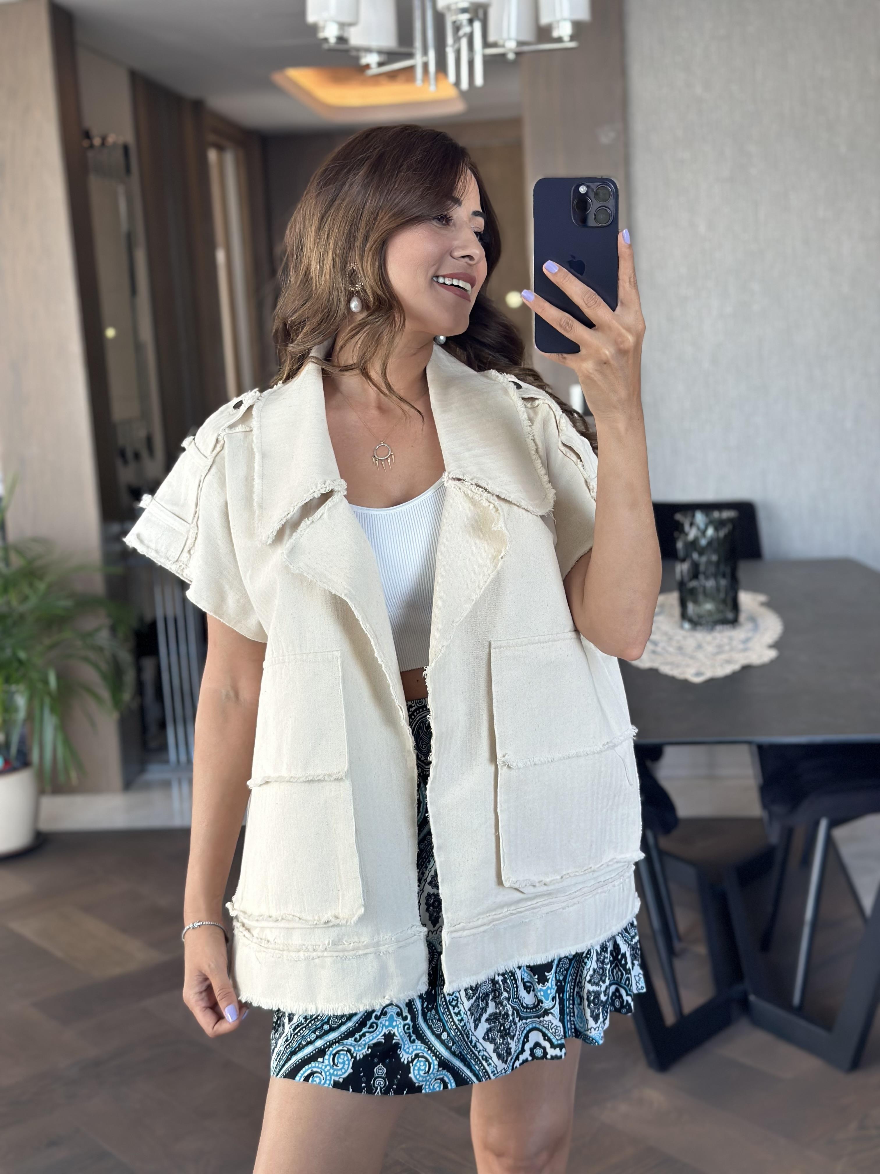 Taş Sıfır Kol Oversize Cepli Gabardin Kadın Yelek
