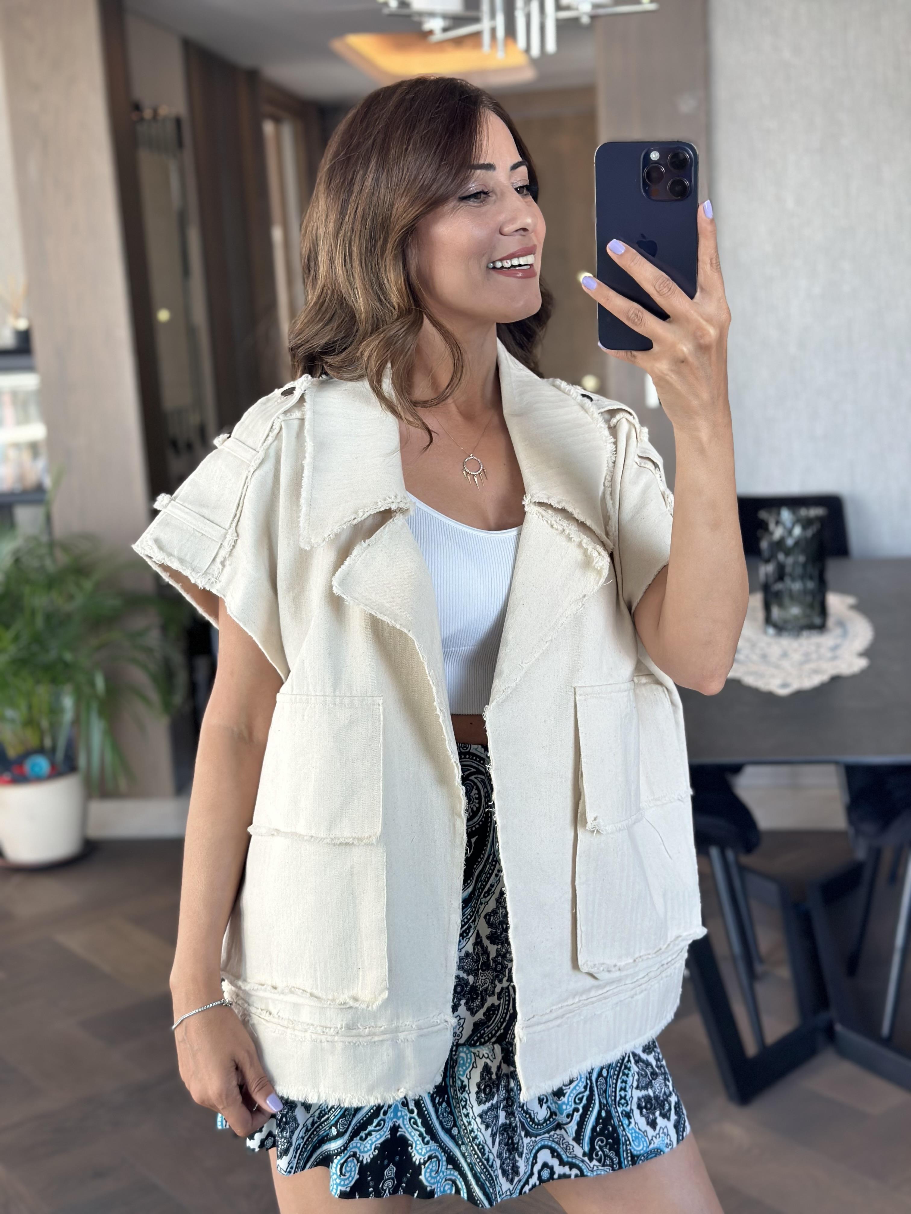 Taş Sıfır Kol Oversize Cepli Gabardin Kadın Yelek