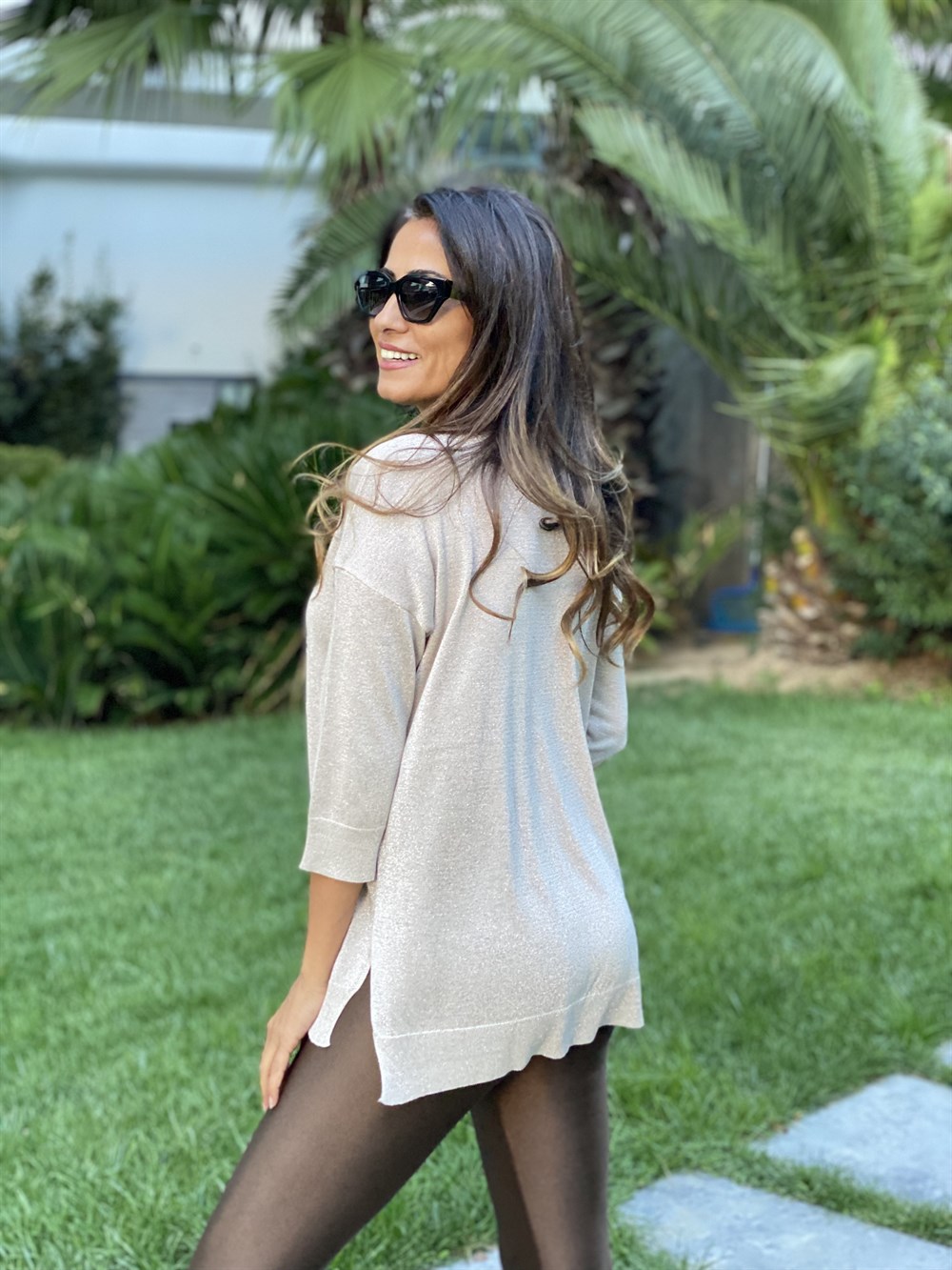 Taş Simli V Yaka Merserize Kadın Bluz