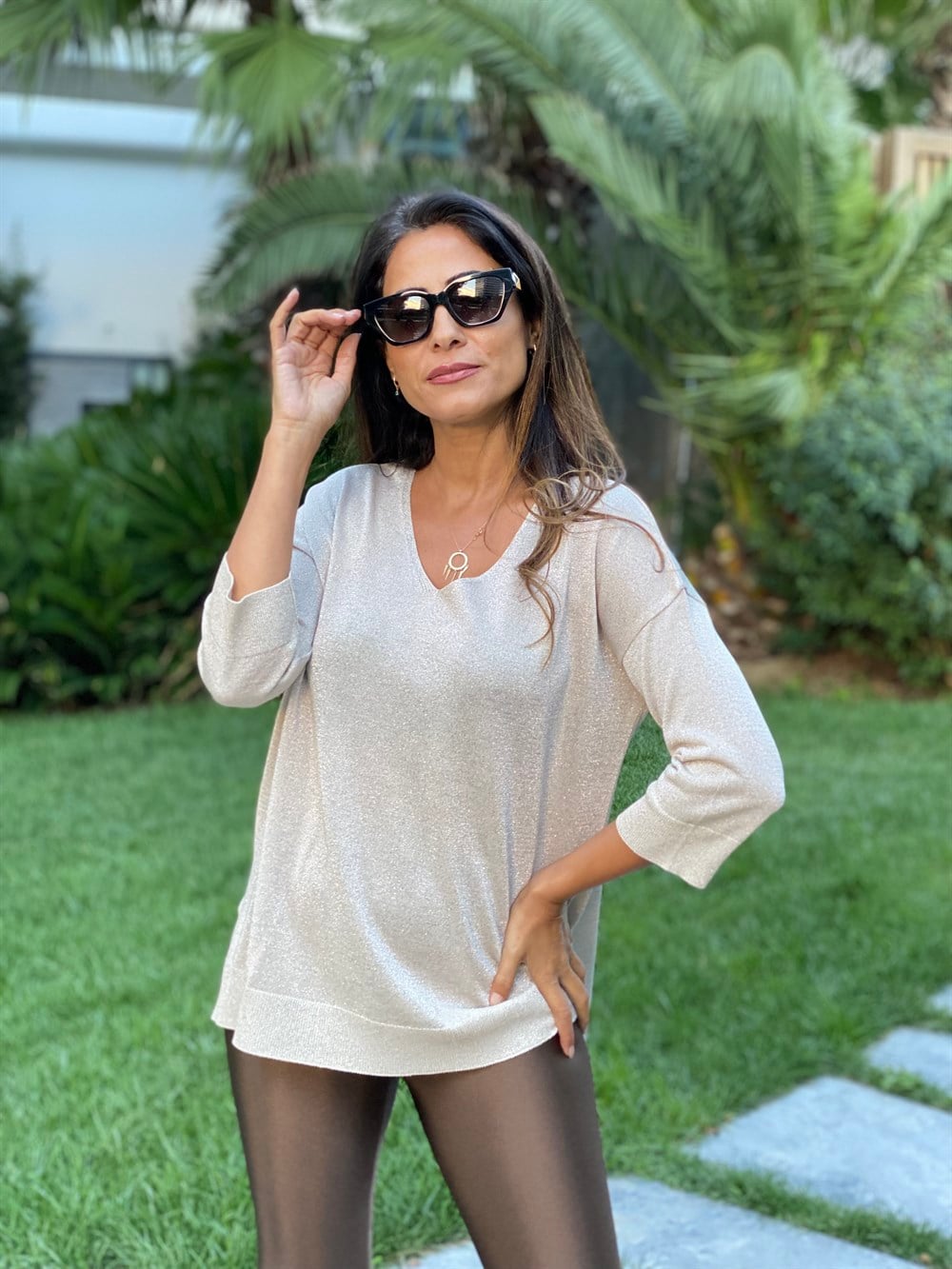 Taş Simli V Yaka Merserize Kadın Bluz