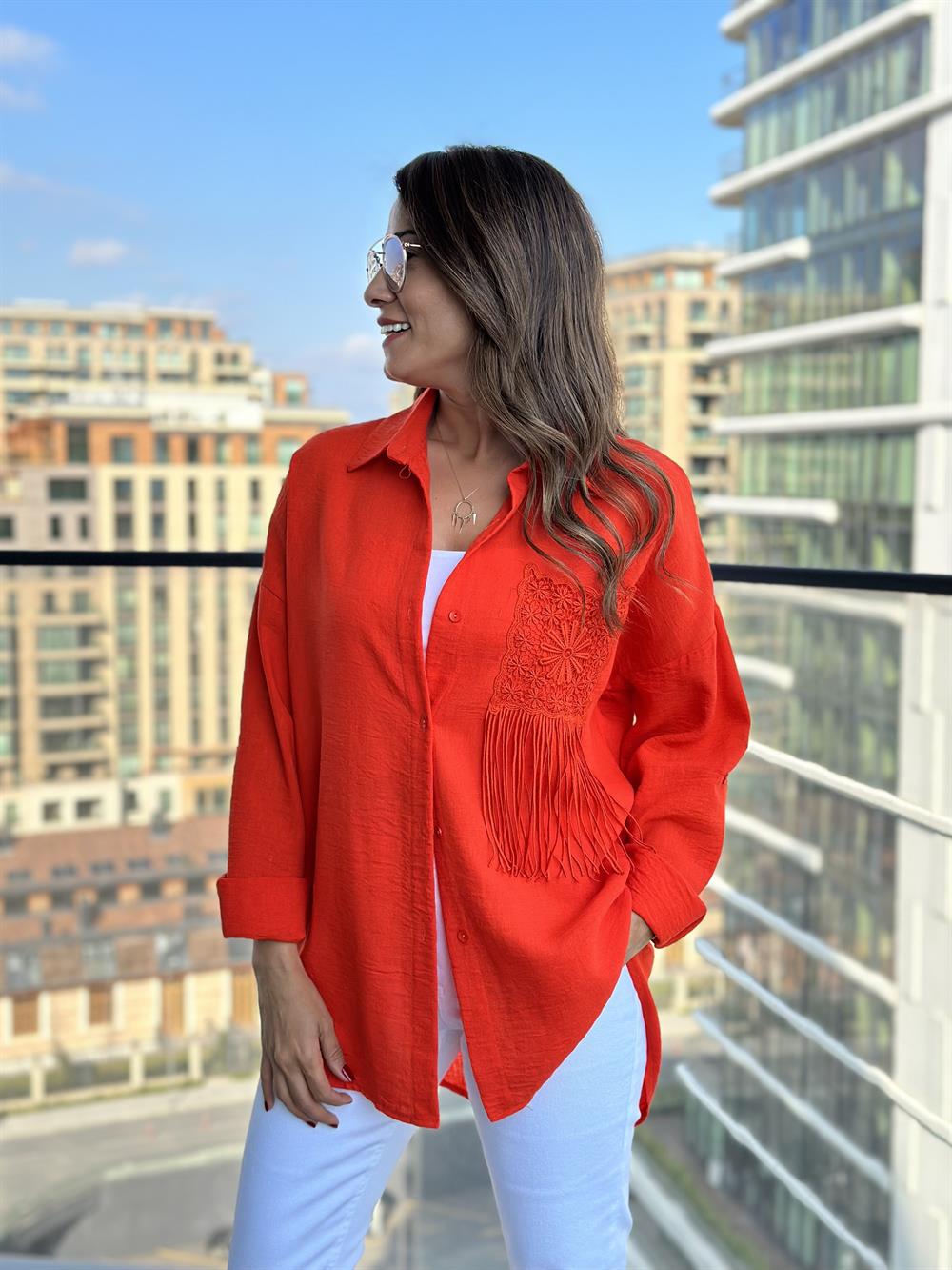 Turuncu Cebi Dantel Keten Aerobin Kadın Gömlek