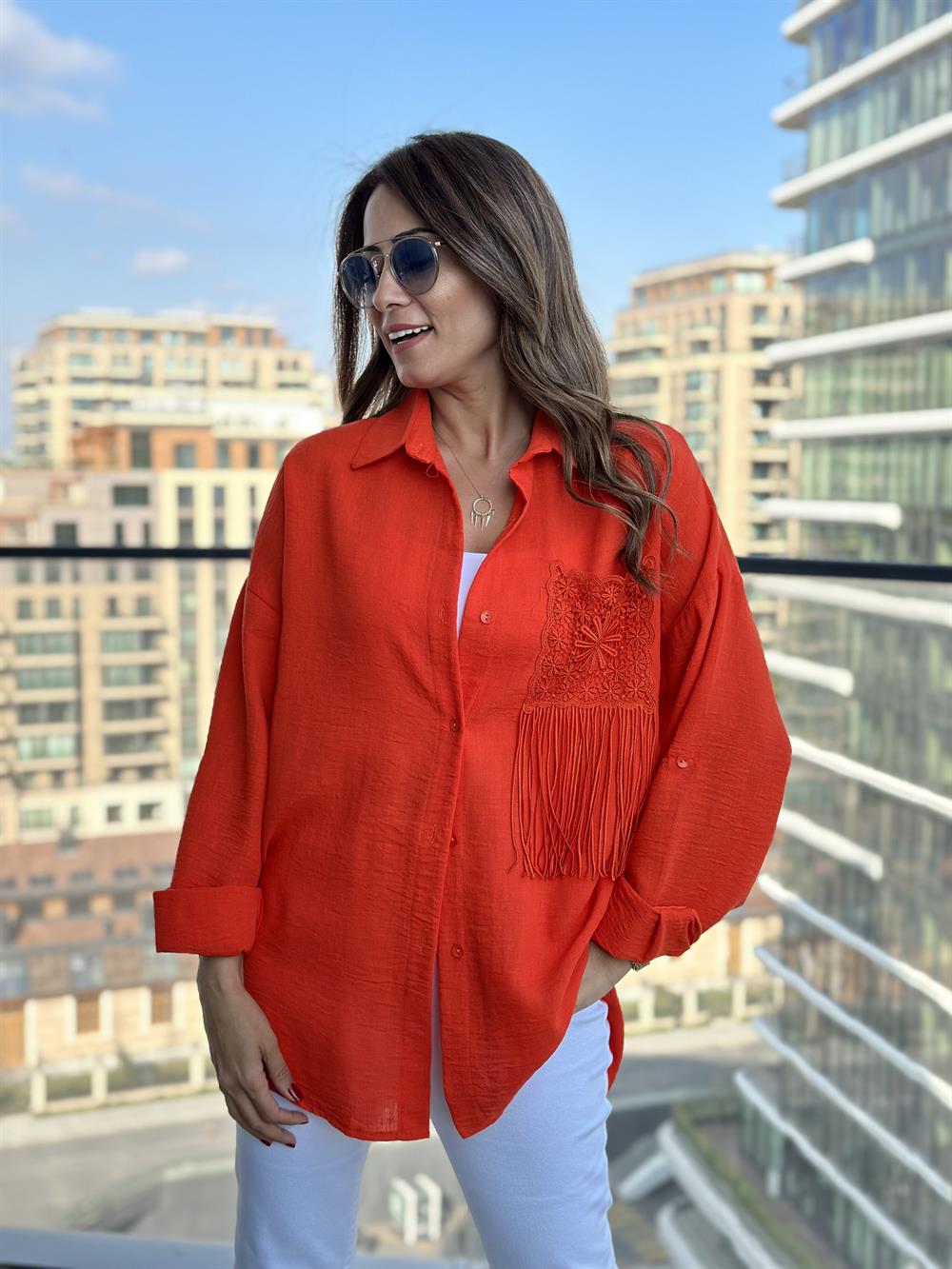 Turuncu Cebi Dantel Keten Aerobin Kadın Gömlek