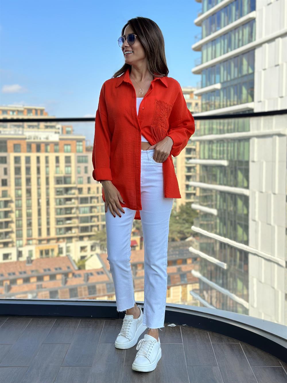 Turuncu Cebi Dantel Keten Aerobin Kadın Gömlek