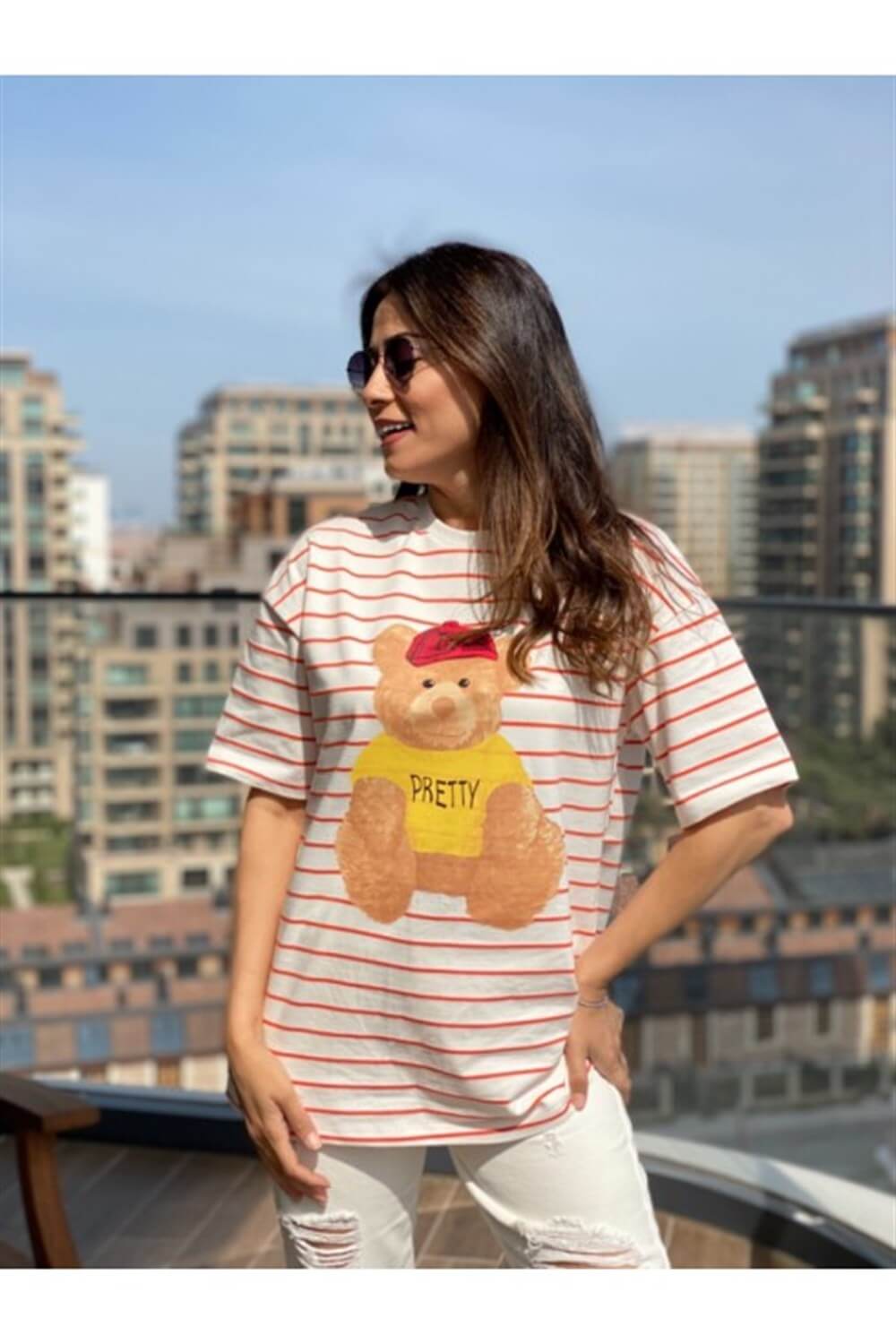 Turuncu Çizgili Pretty Ayıcık T-Shirt