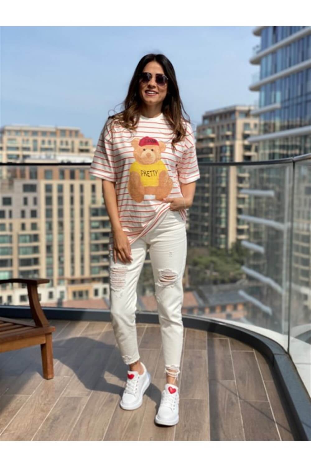 Turuncu Çizgili Pretty Ayıcık T-Shirt