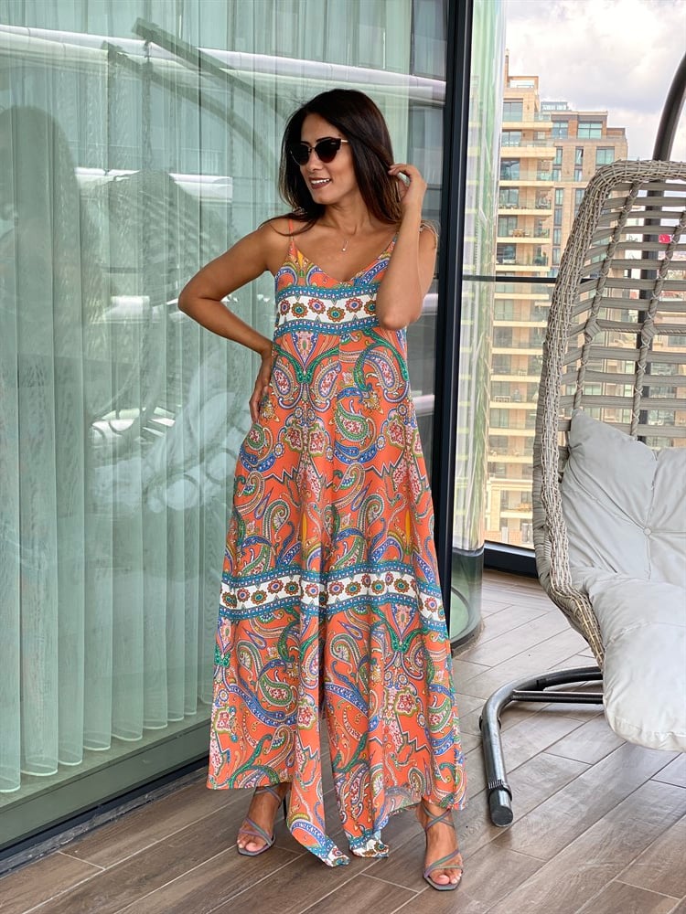 Turuncu Desenli Askılı Viskon Kadın Tulum