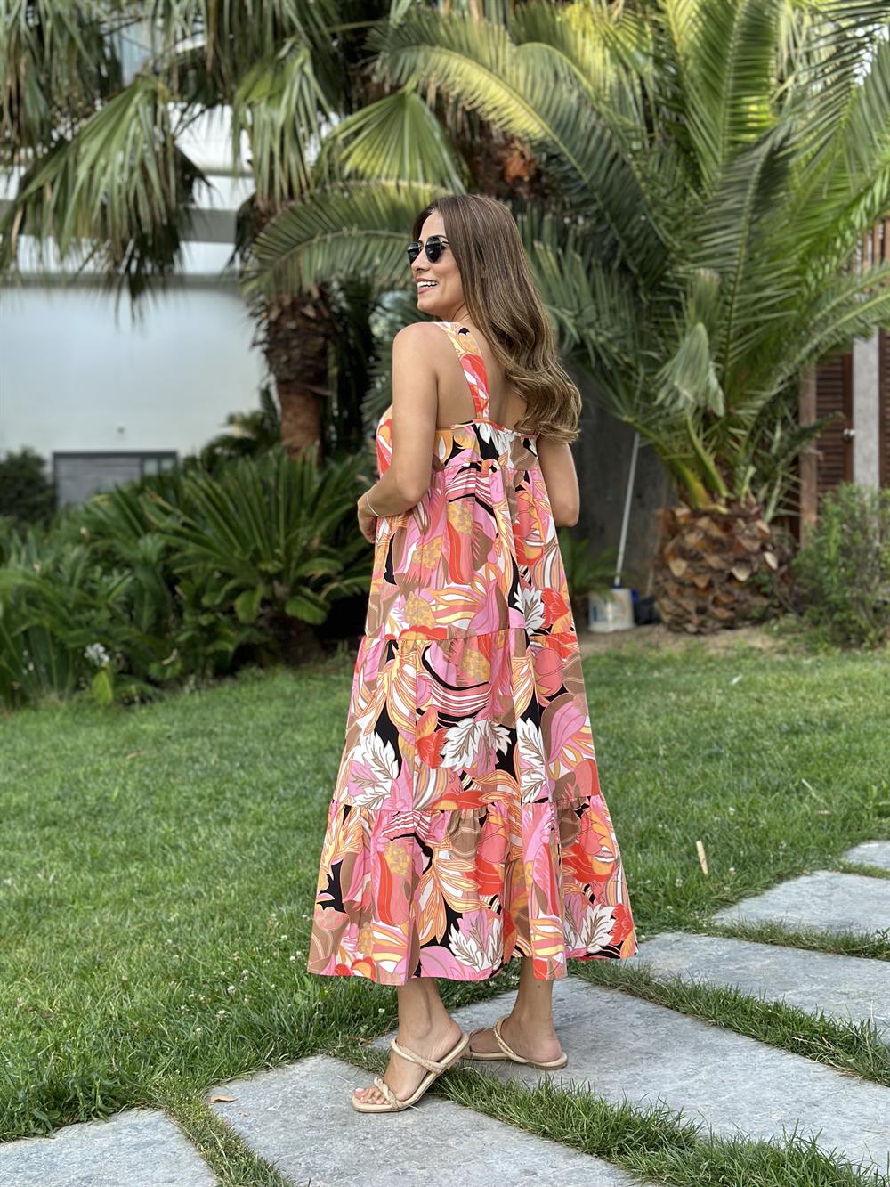 Turuncu Desenli Kalın Askılı Maksi Boy Kadın Elbise