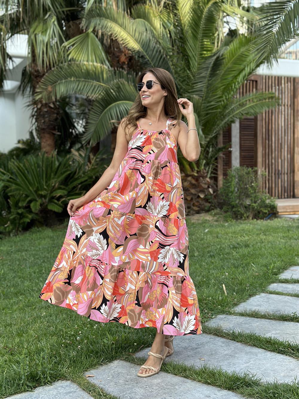 Turuncu Desenli Kalın Askılı Maksi Boy Kadın Elbise