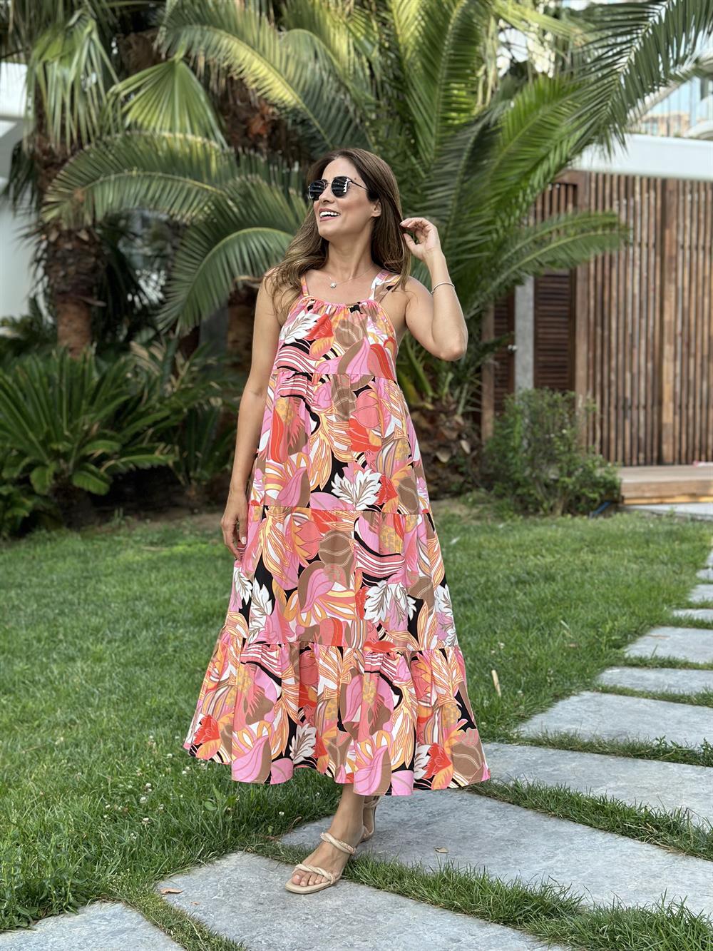 Turuncu Desenli Kalın Askılı Maksi Boy Kadın Elbise