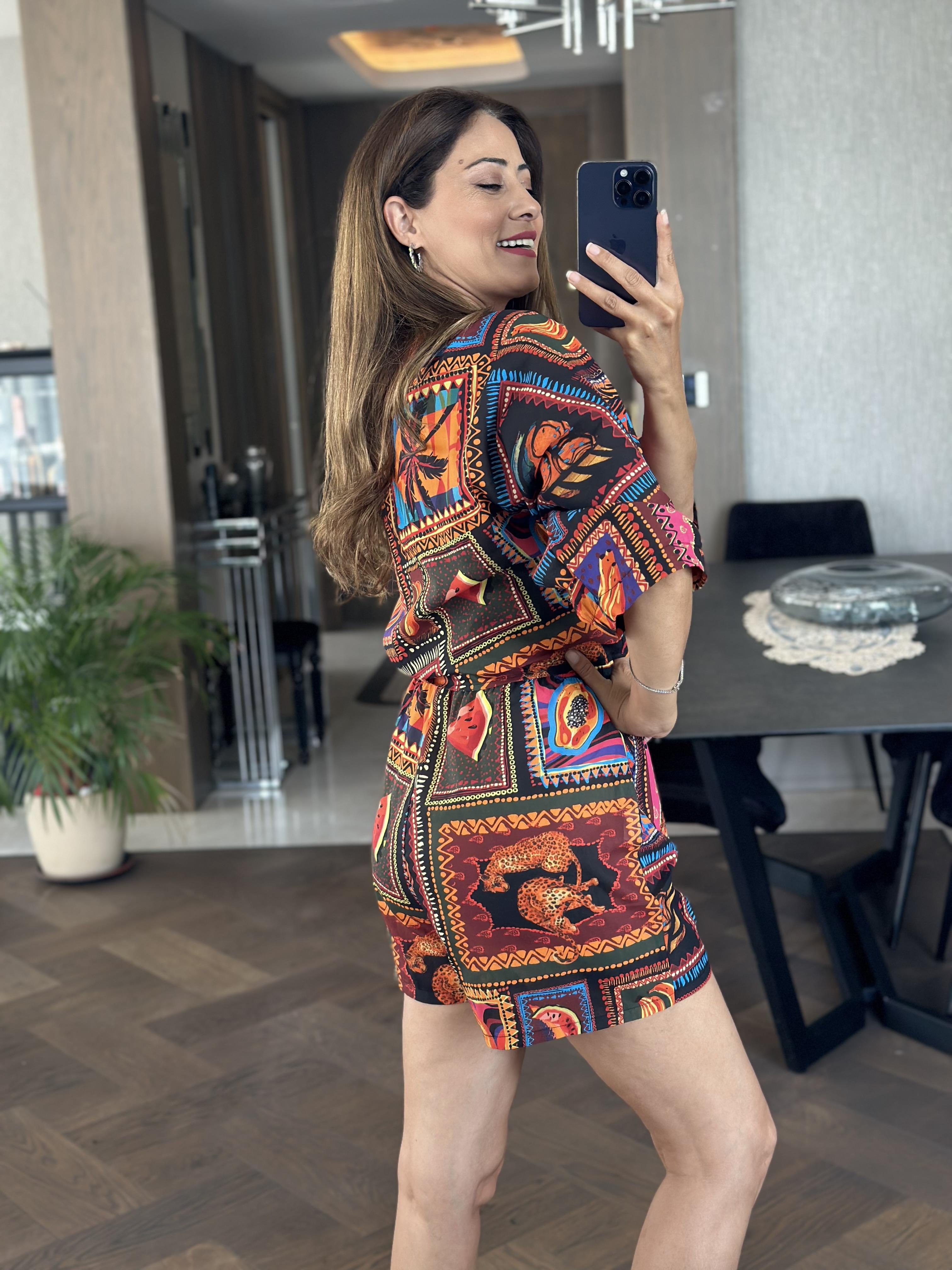 Turuncu Desenli Vual Kimono Şortlu Kadın Alt Üst Takım