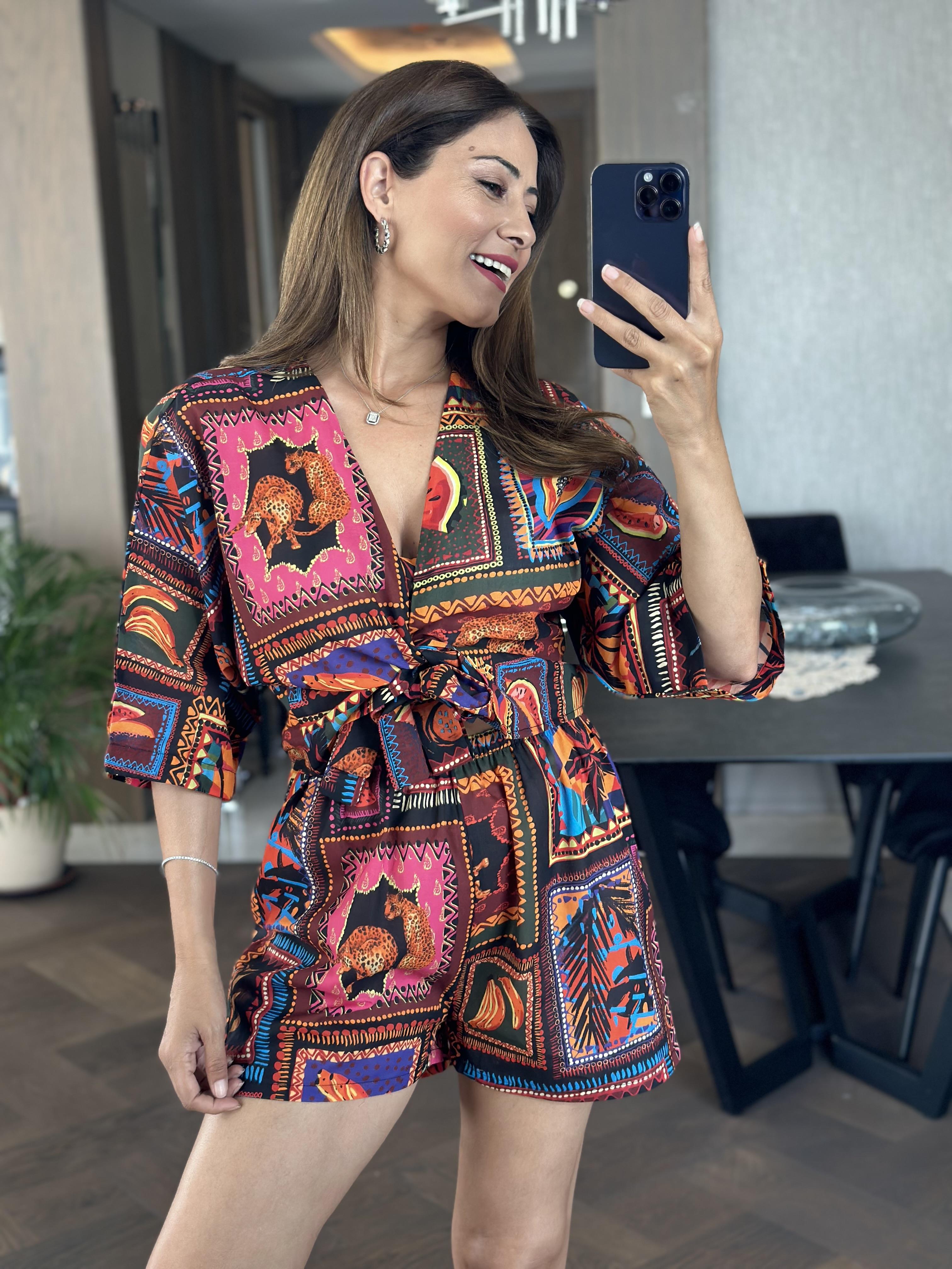 Turuncu Desenli Vual Kimono Şortlu Kadın Alt Üst Takım