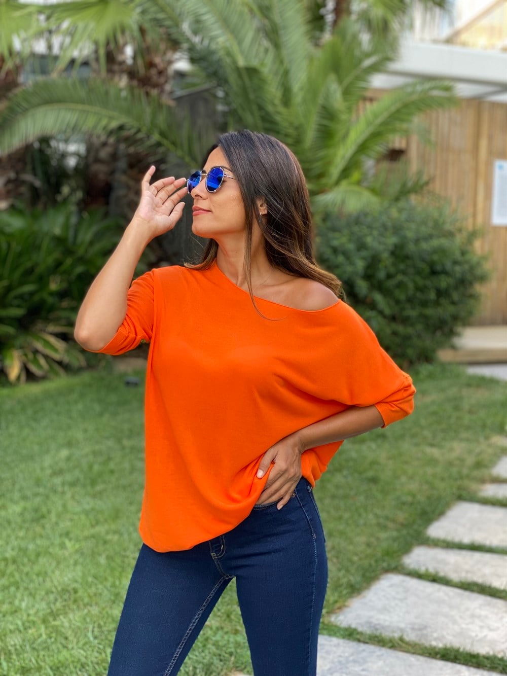 Turuncu Düz Merserize Kadın Bluz