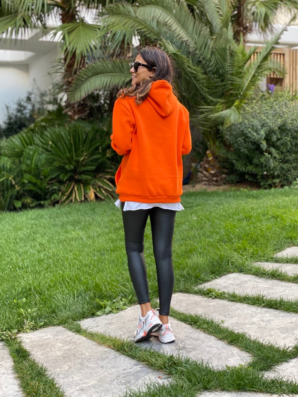 Turuncu Kapüşonlu Los Angeles Baskılı Kadın Sweatshirt