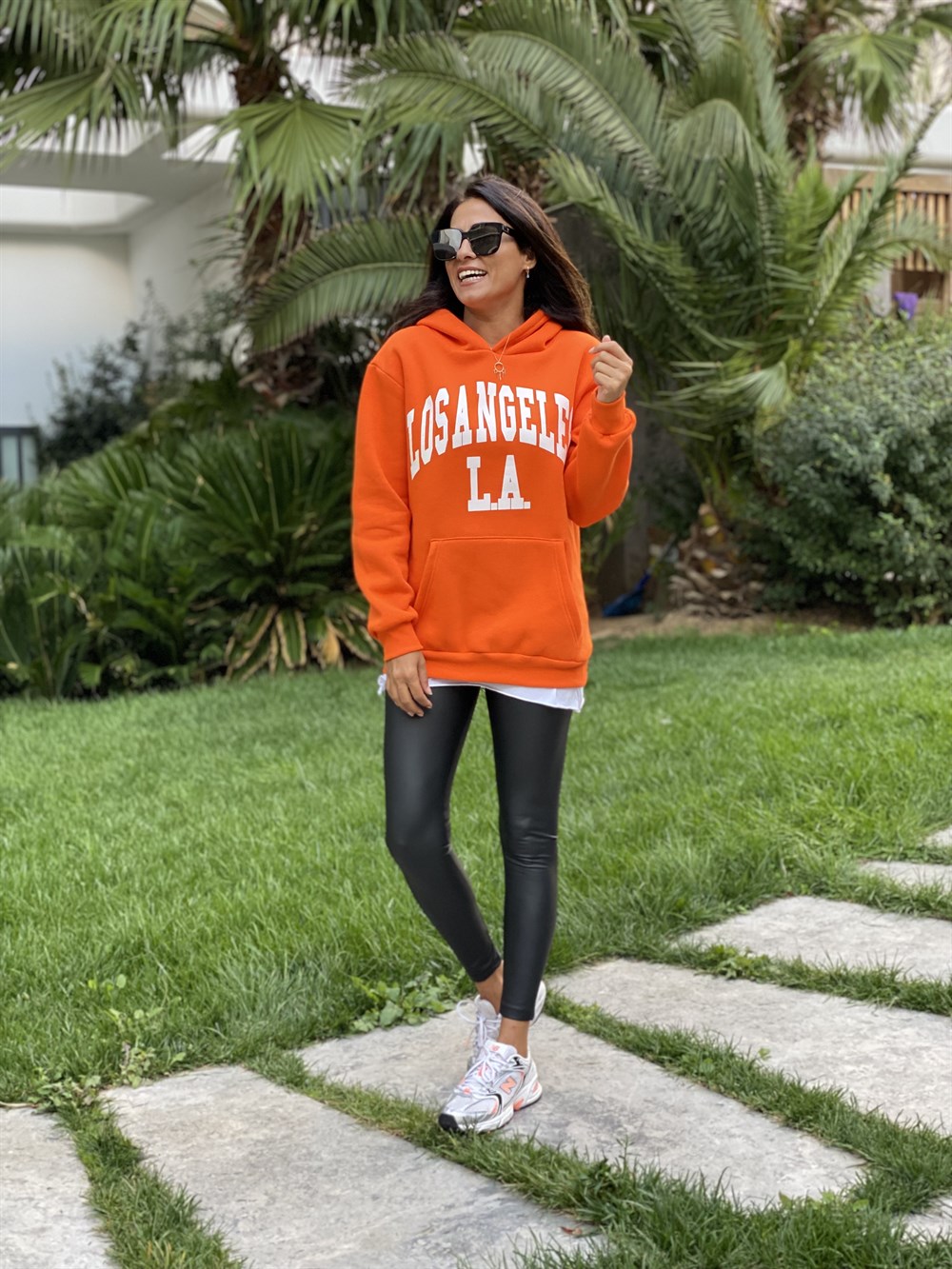 Turuncu Kapüşonlu Los Angeles Baskılı Kadın Sweatshirt