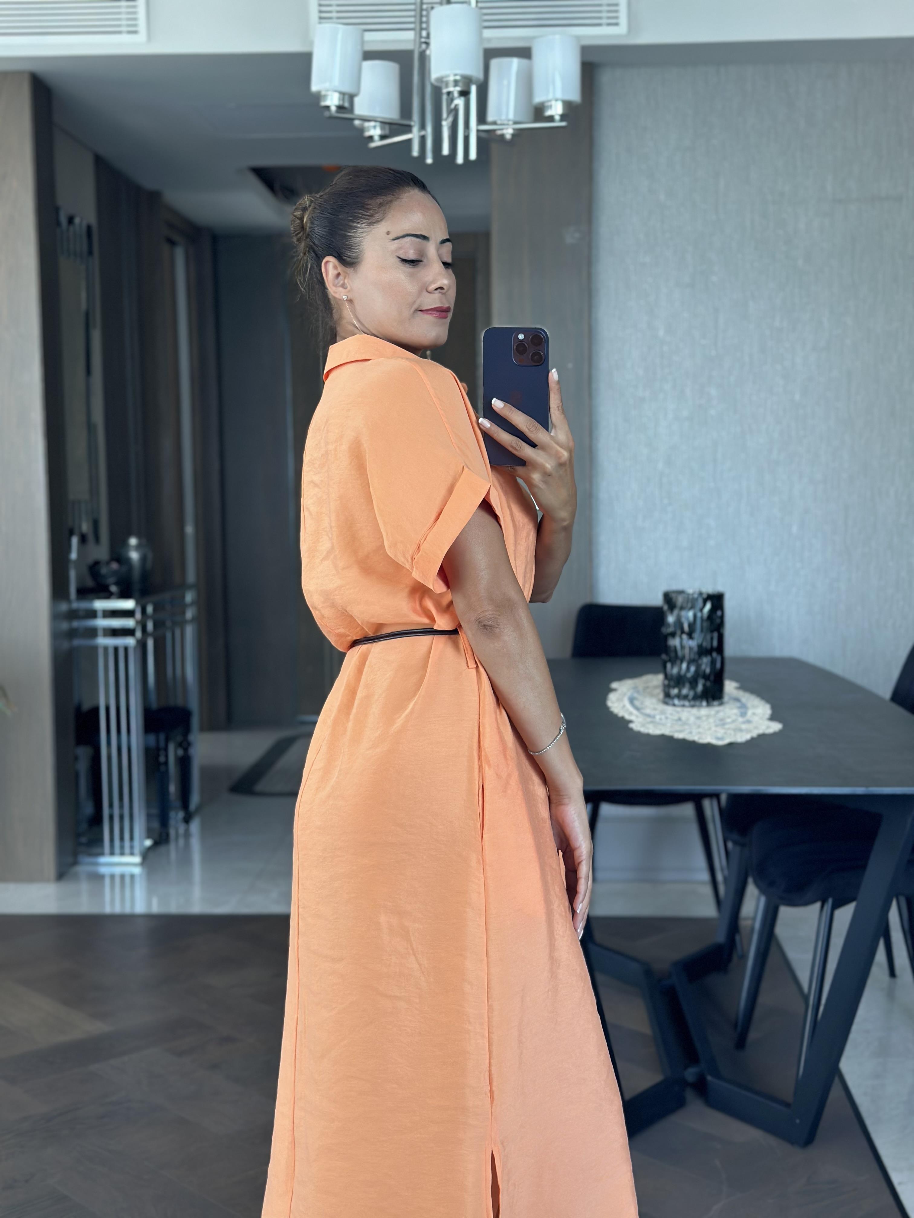 Turuncu Masimo Gömlek Yaka Çift Yırtmaçlı Midi Boy Tnsel Kadın Gömlek Elbise 