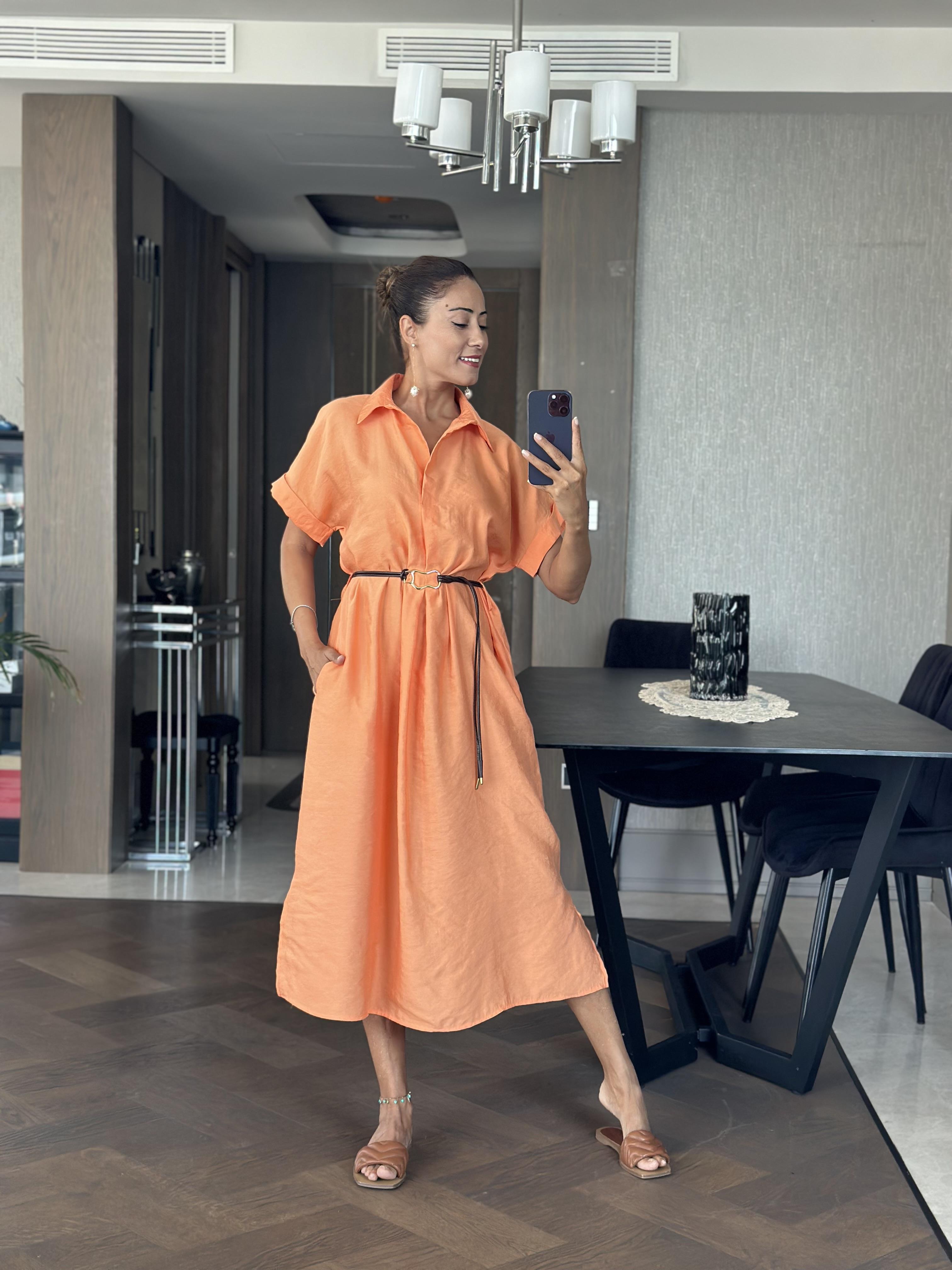 Turuncu Masimo Gömlek Yaka Çift Yırtmaçlı Midi Boy Tnsel Kadın Gömlek Elbise 