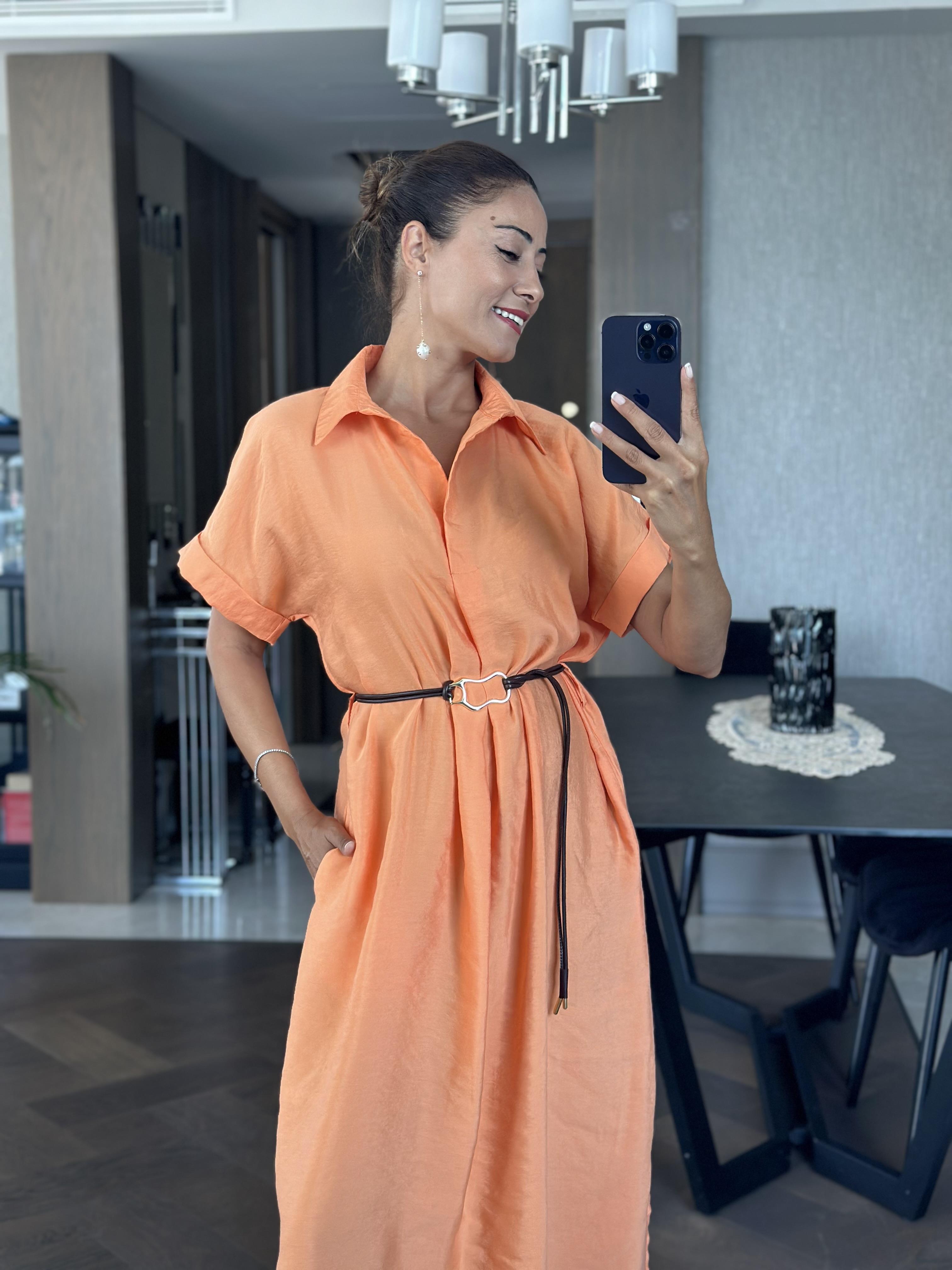 Turuncu Masimo Gömlek Yaka Çift Yırtmaçlı Midi Boy Tnsel Kadın Gömlek Elbise 