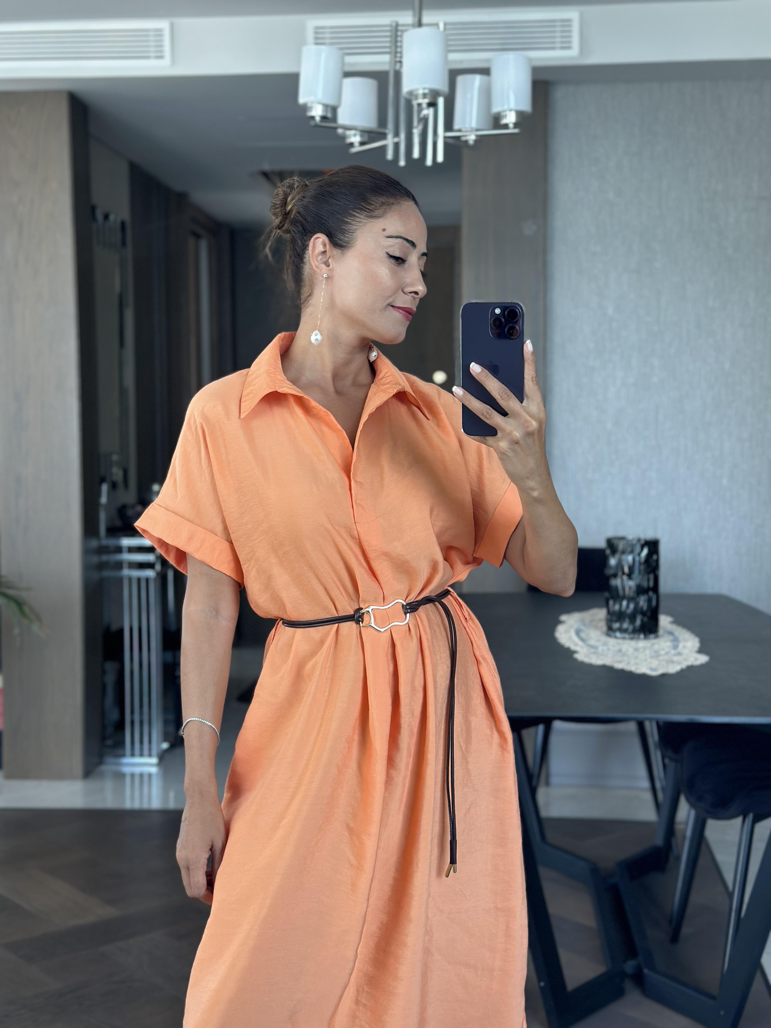 Turuncu Masimo Gömlek Yaka Çift Yırtmaçlı Midi Boy Tnsel Kadın Gömlek Elbise 