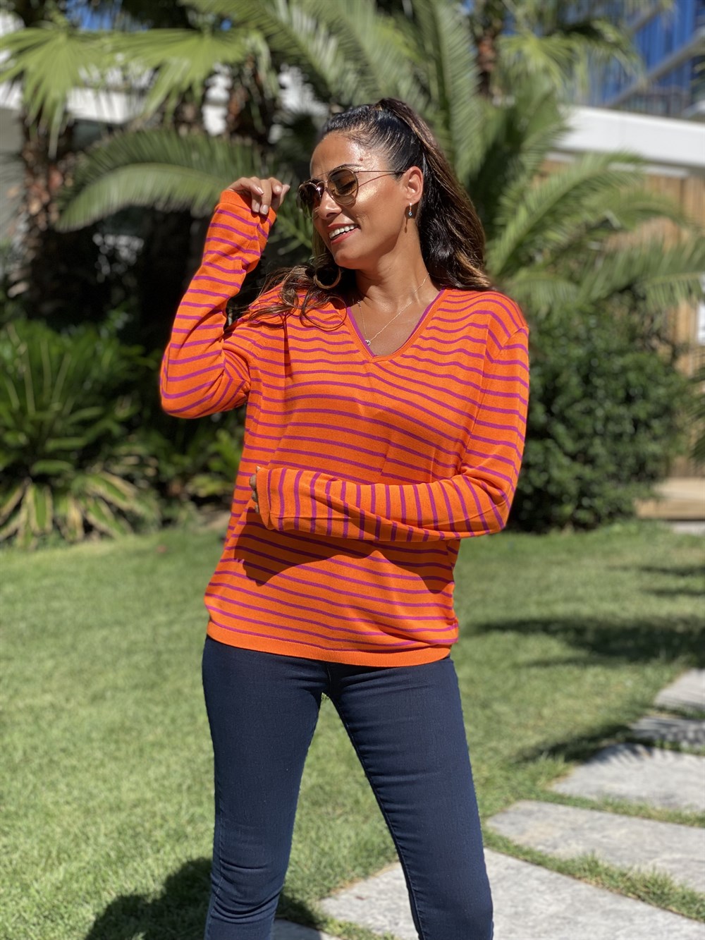 Turuncu Mor Çizgili V Yaka Merserize Kadın Bluz