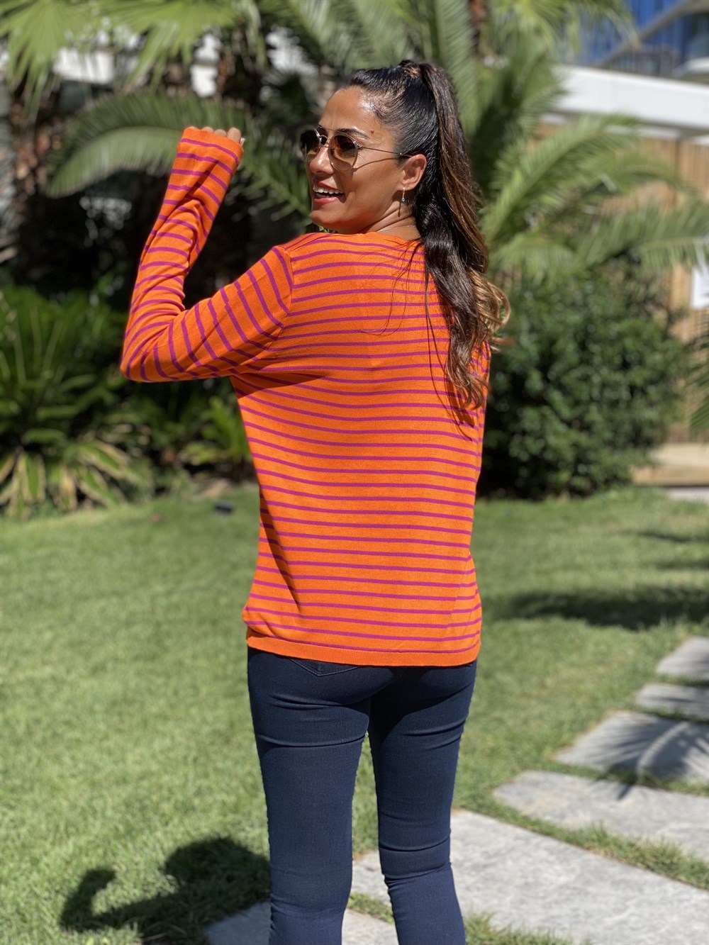 Turuncu Mor Çizgili V Yaka Merserize Kadın Bluz