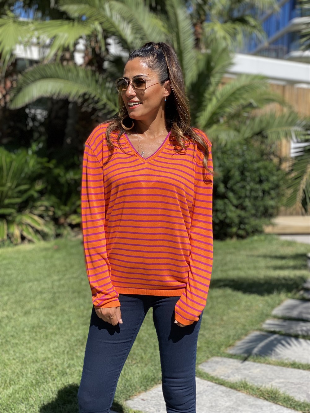 Turuncu Mor Çizgili V Yaka Merserize Kadın Bluz