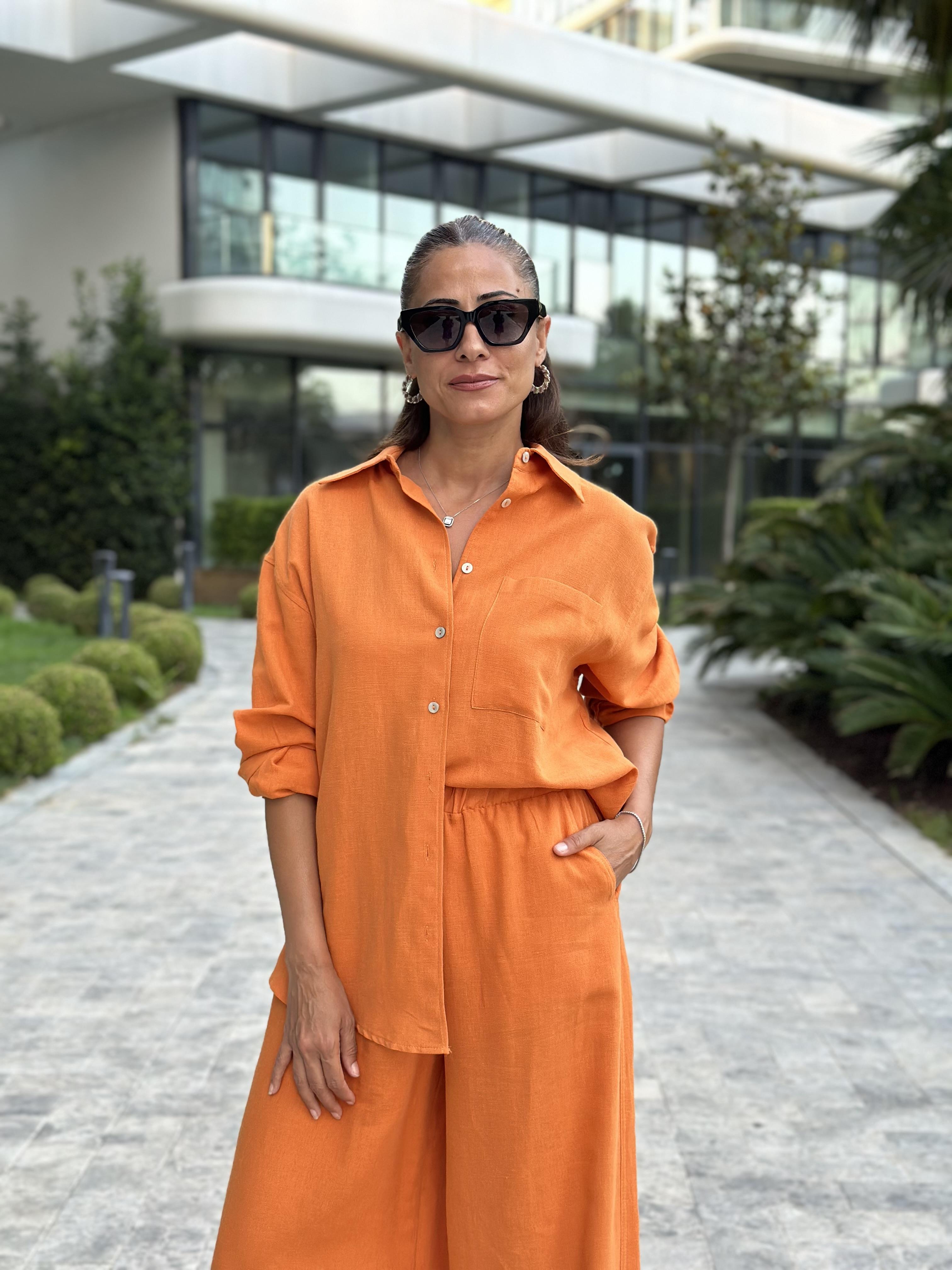 Turuncu Gömlek Palazzo Pantolon Keten Kadın Alt Üst Takım