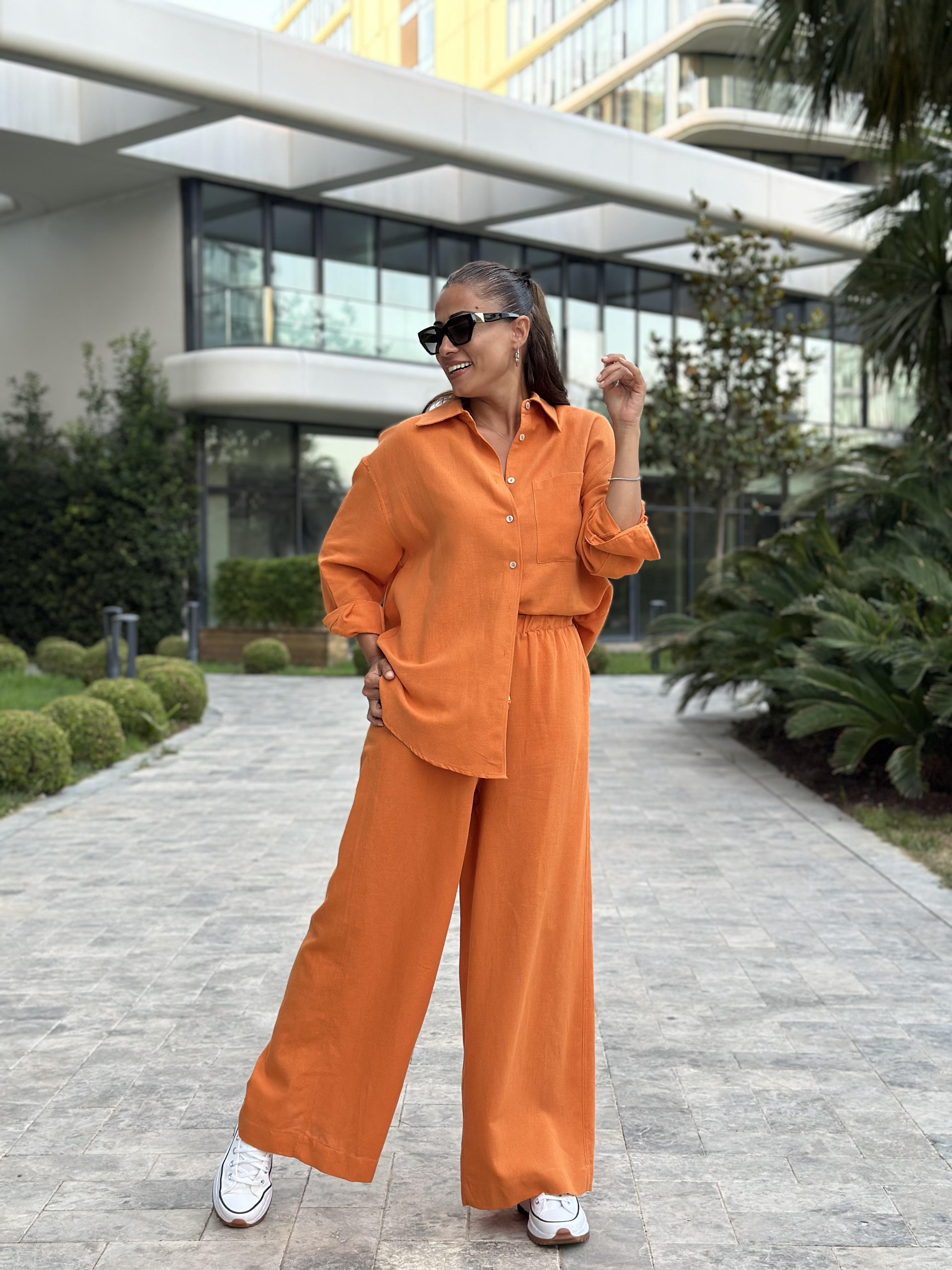 Turuncu Gömlek Palazzo Pantolon Keten Kadın Alt Üst Takım