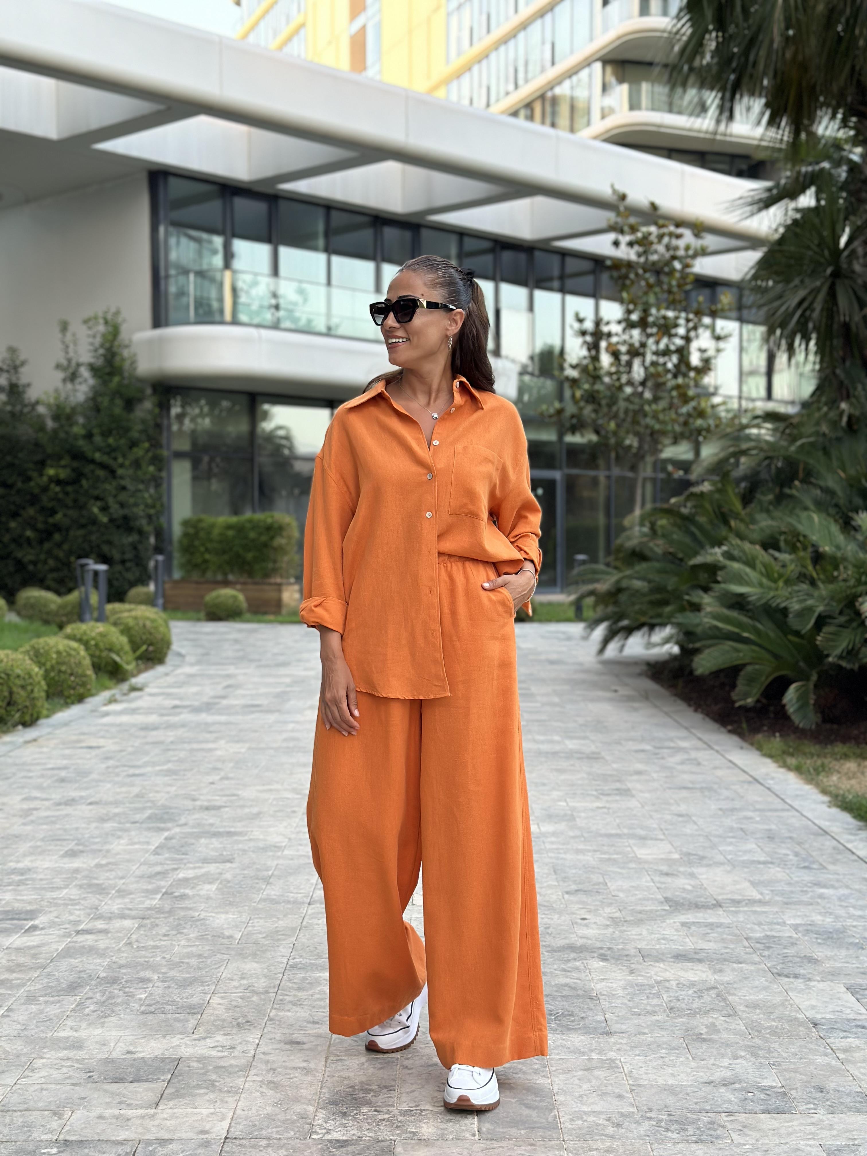 Turuncu Gömlek Palazzo Pantolon Keten Kadın Alt Üst Takım
