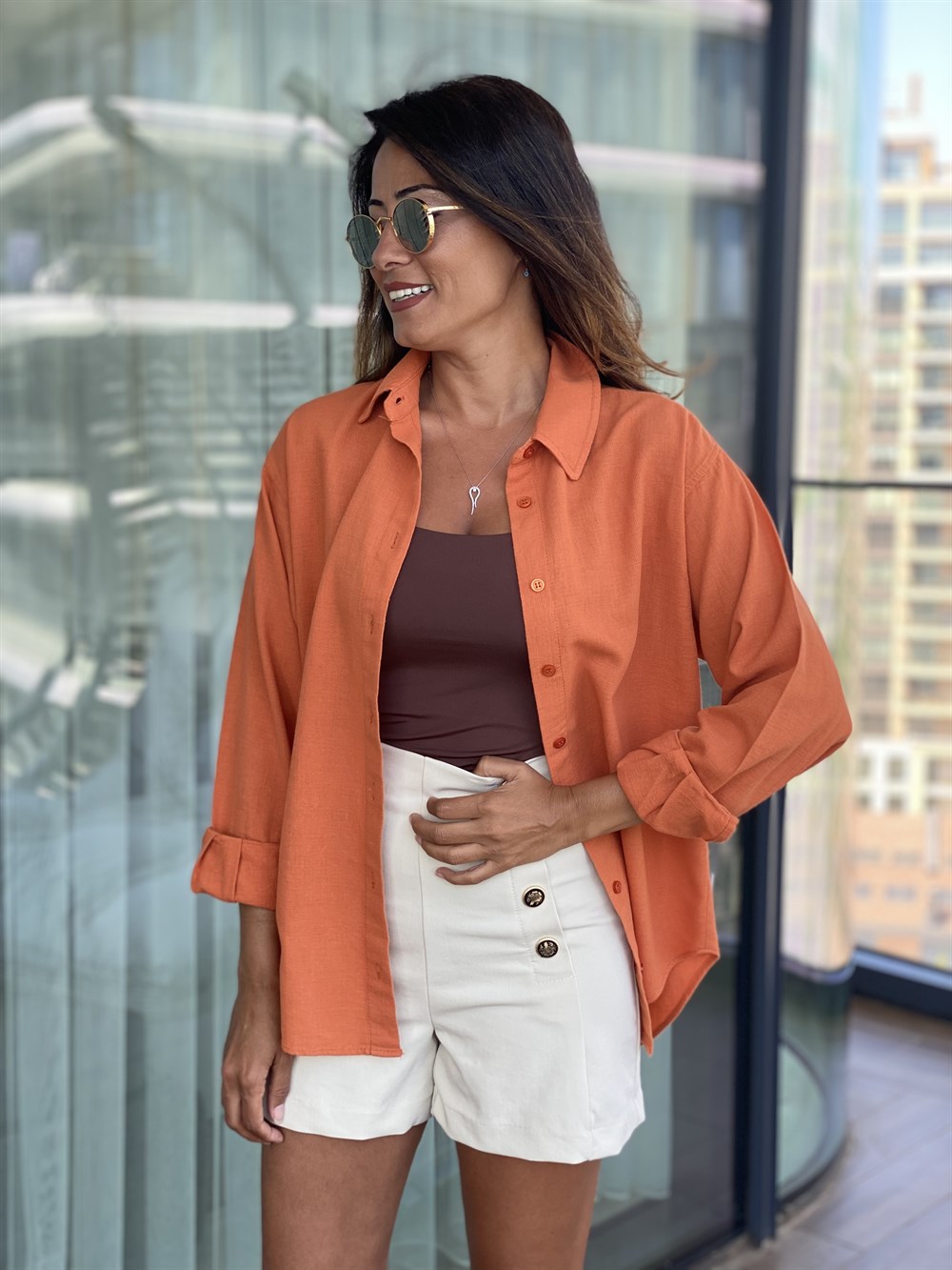 Turuncu Pamuk Kadın Gömlek