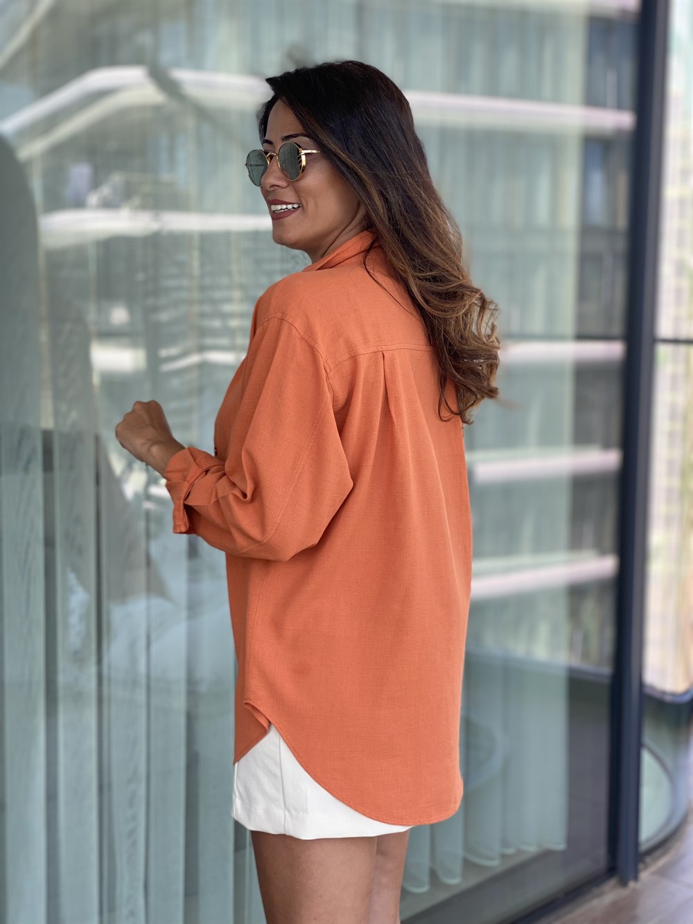 Turuncu Pamuk Kadın Gömlek