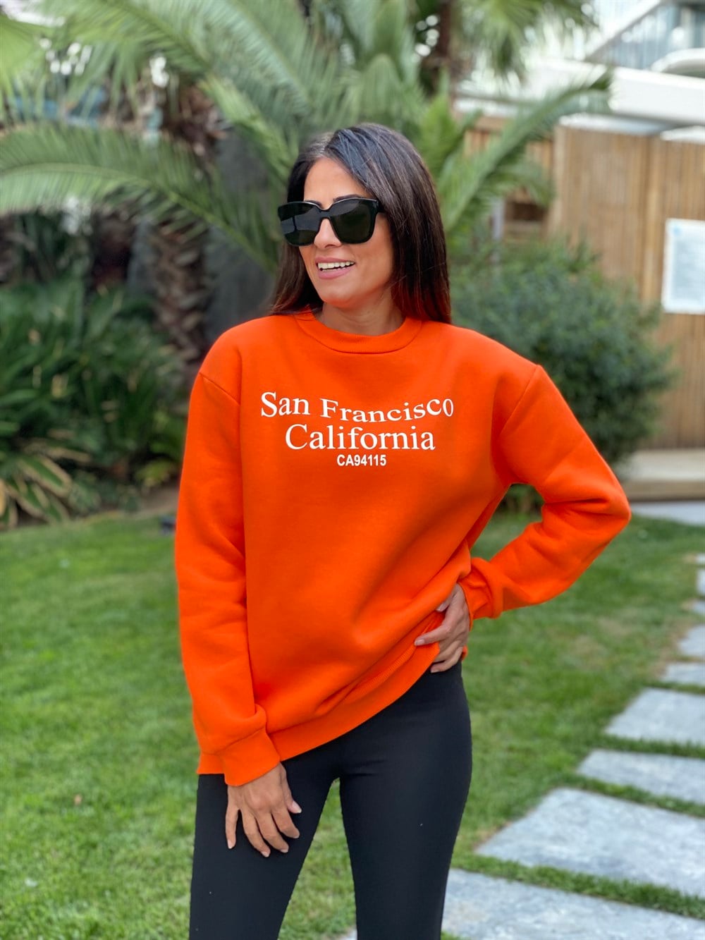 Turuncu San Bisiklet Yaka Kadın Sweatshirt