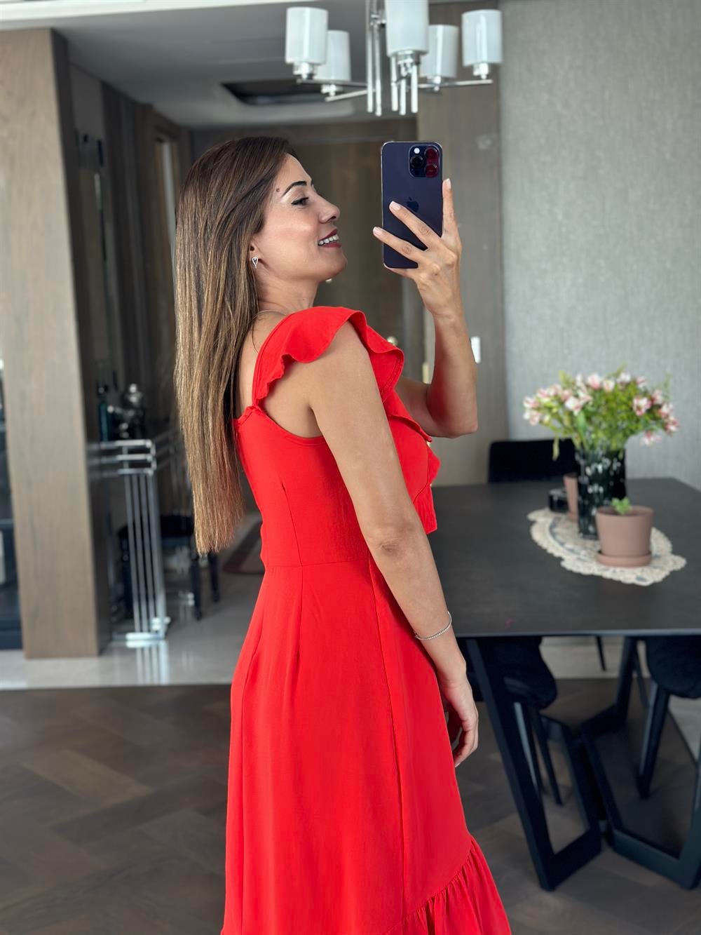 Turuncu Yaka Volanlı Aerobin Kadın Elbise