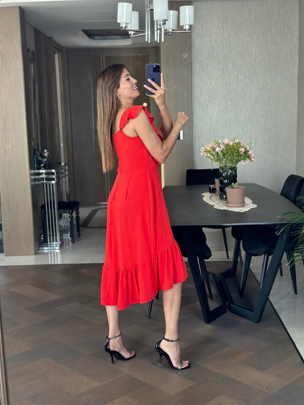 Turuncu Yaka Volanlı Aerobin Kadın Elbise