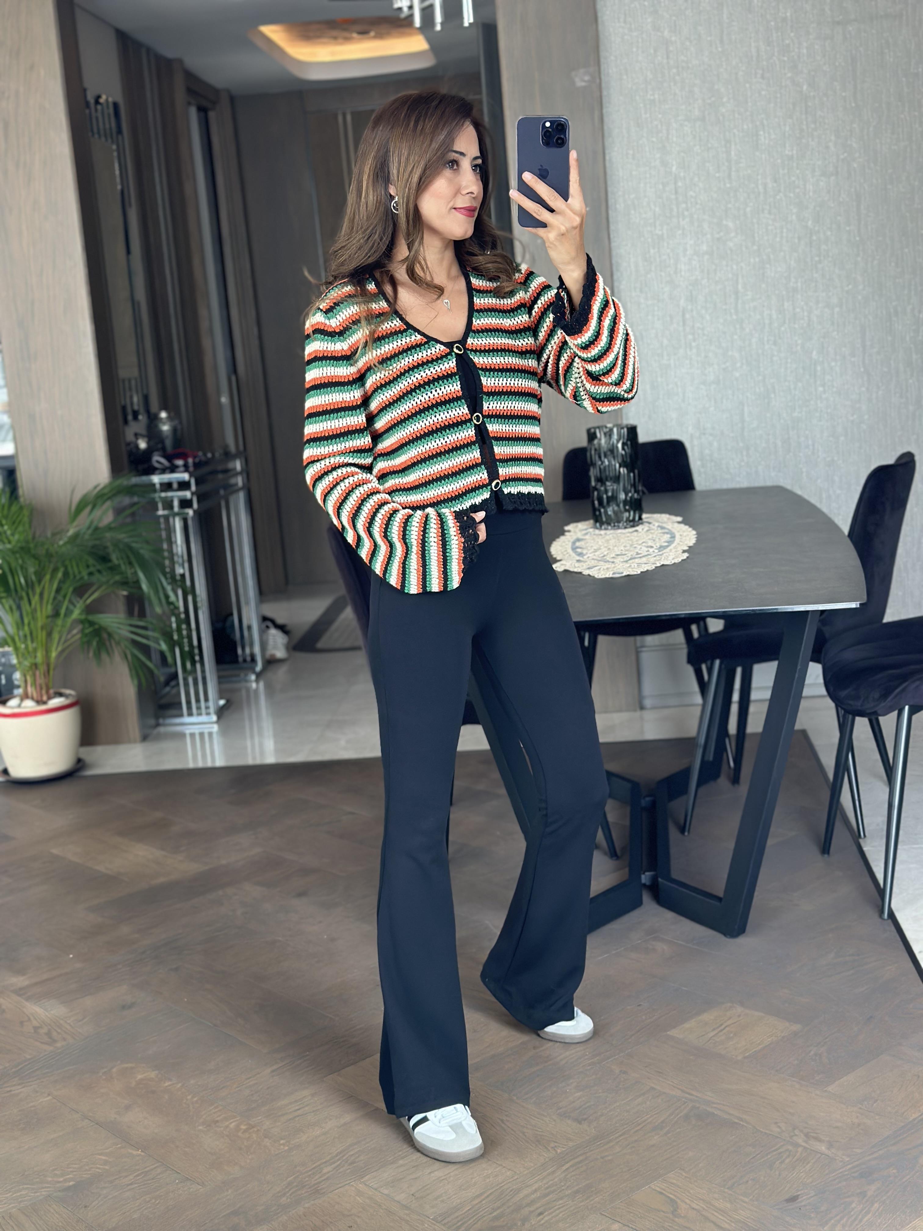 Turuncu Yeşil Çizgili Simli Ajurlu Kadın Hırka