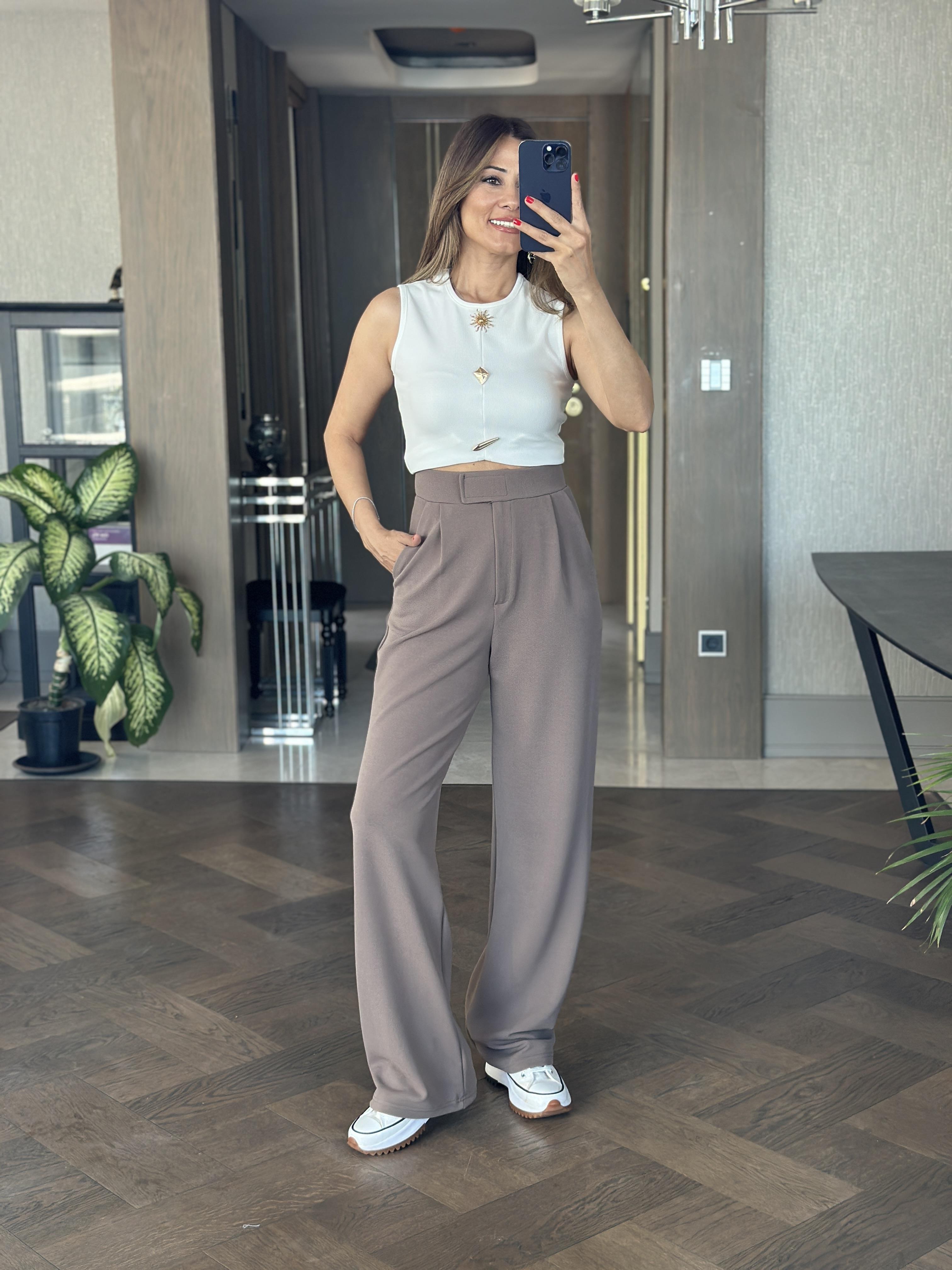 Vizon Beli Cırtlı Likralı Krep Palazzo Kadın Pantolon