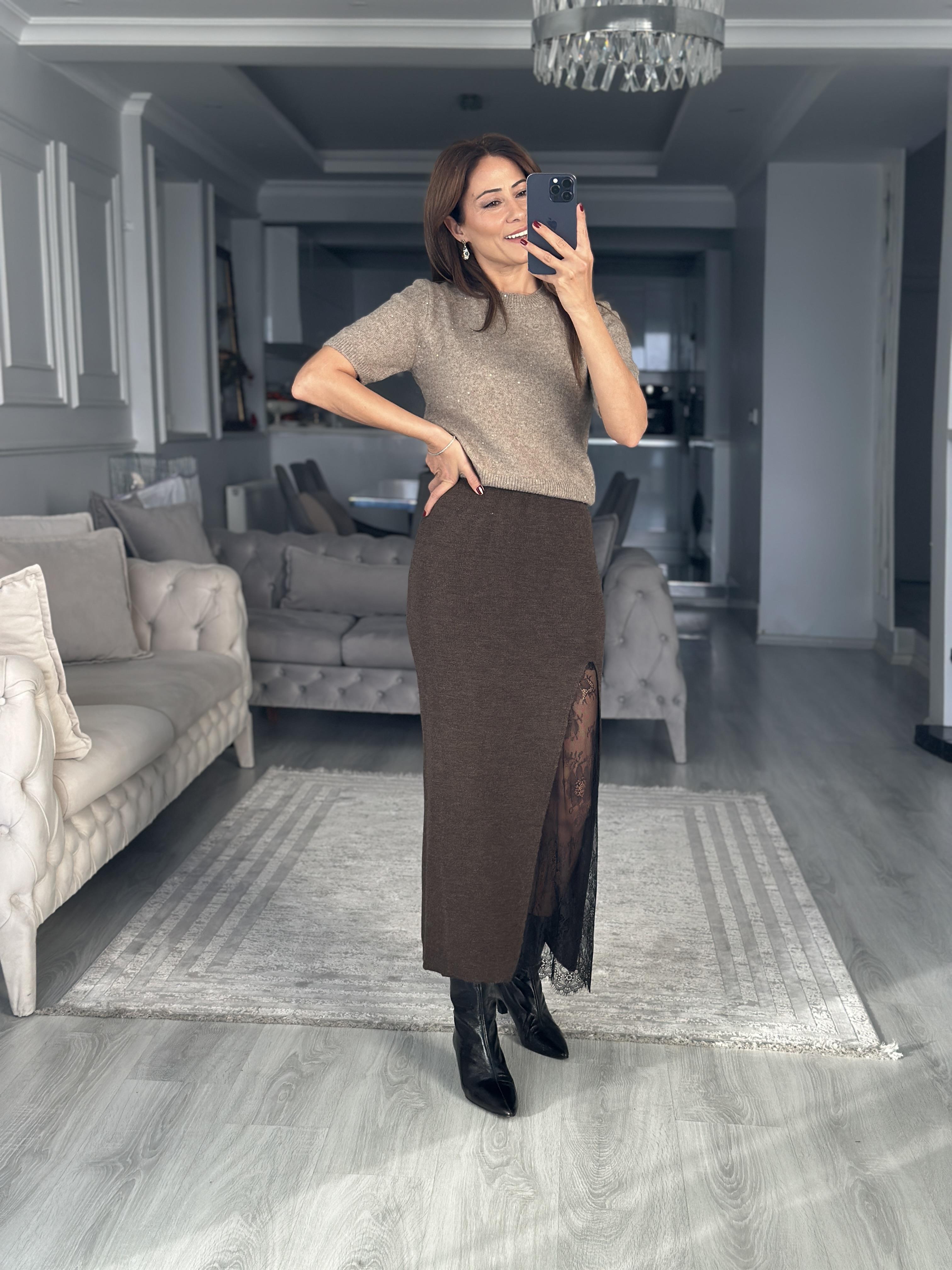 Vizon Bisiklet Yaka Kısa Kol Pullu Simli Kadın Kazak