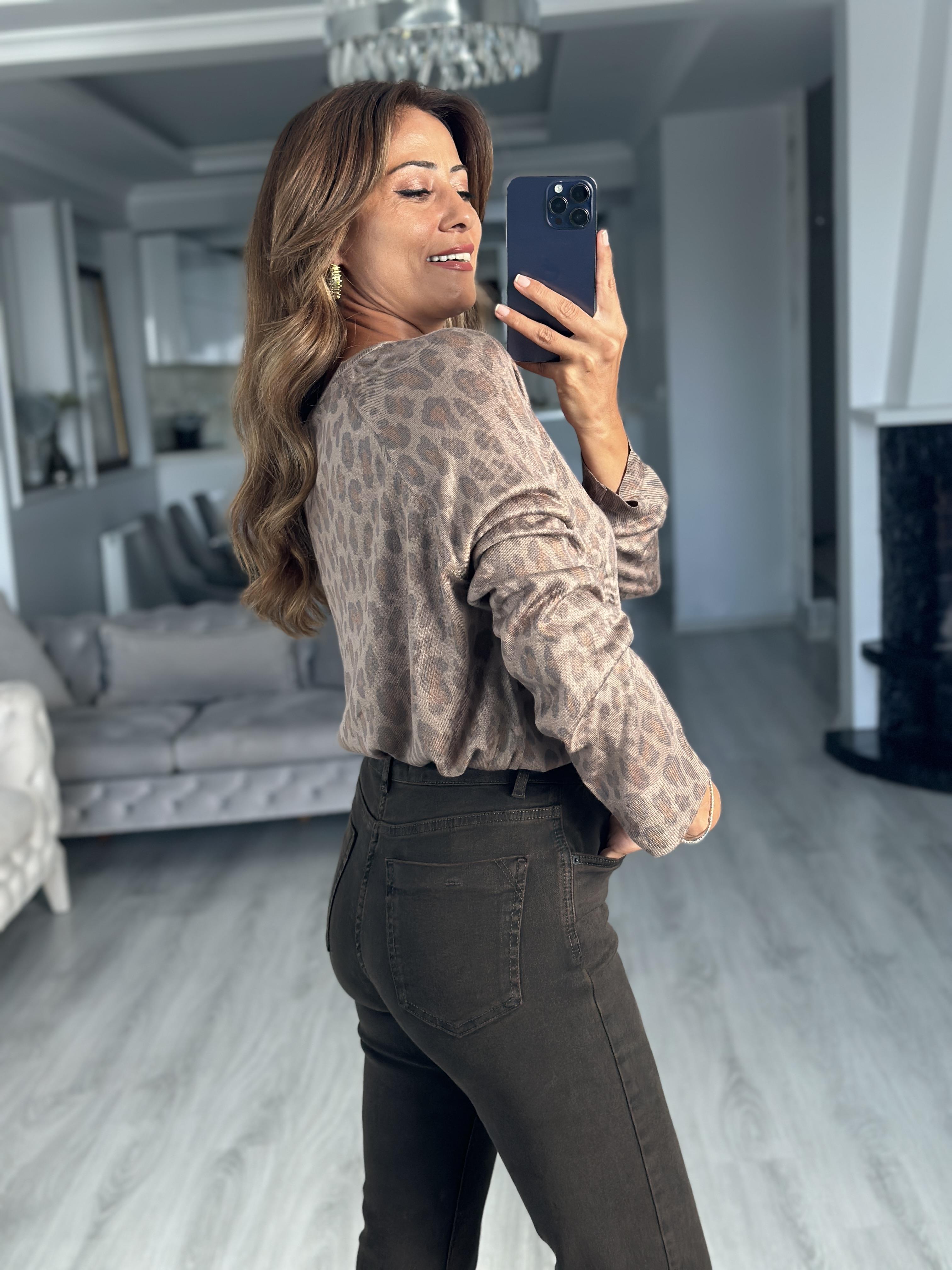 Vizon Bisiklet Yaka Leopar Desenli Merserize Kadın Kazak