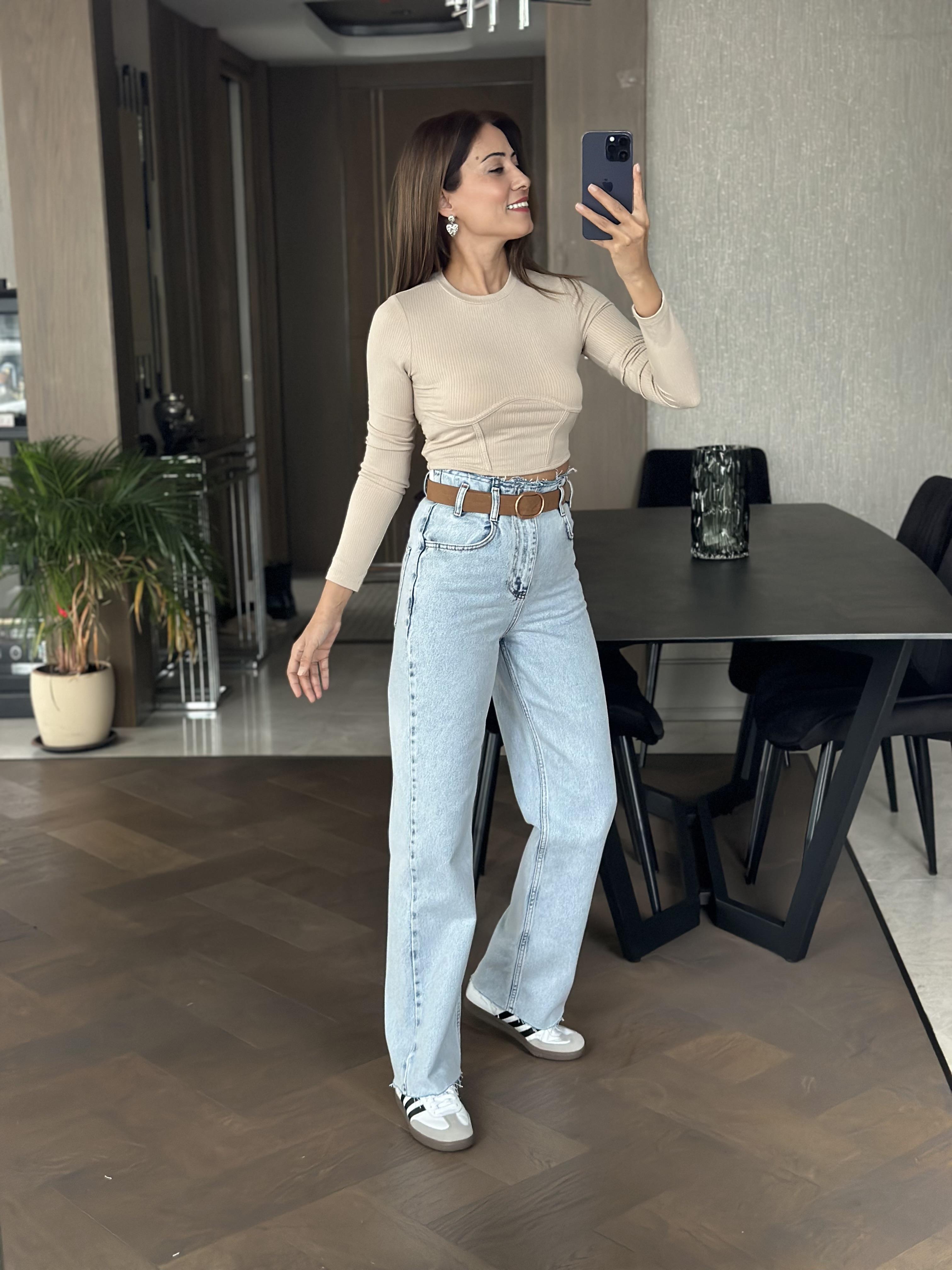 Vizon Bisiklet Yaka Uzun Kol Eteği Parçalı Kadın Crop Body